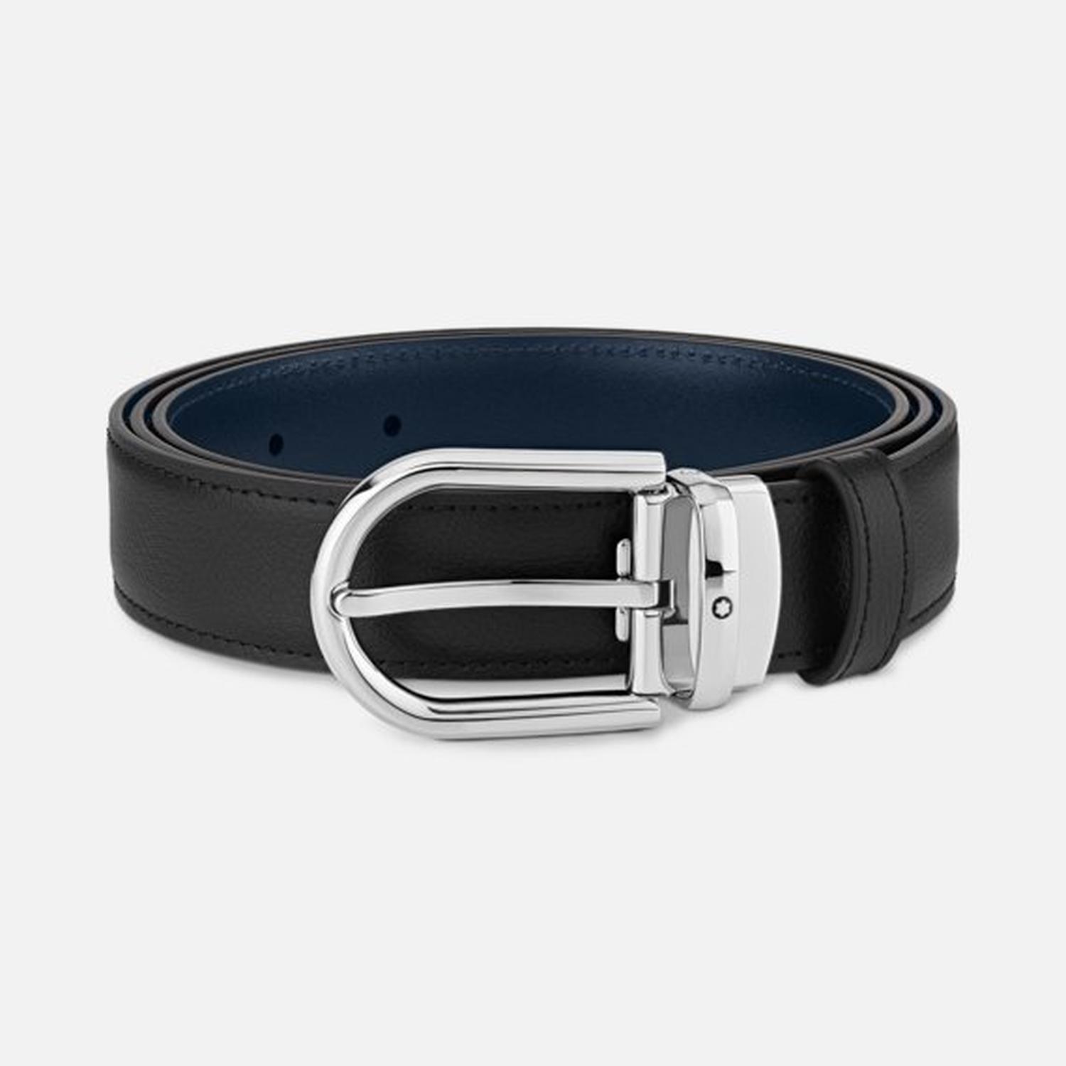 Mont Blanc - 128756 - Cintura reversibile in pelle nera/blu 30 mm con fibbia a ferro di cavallo