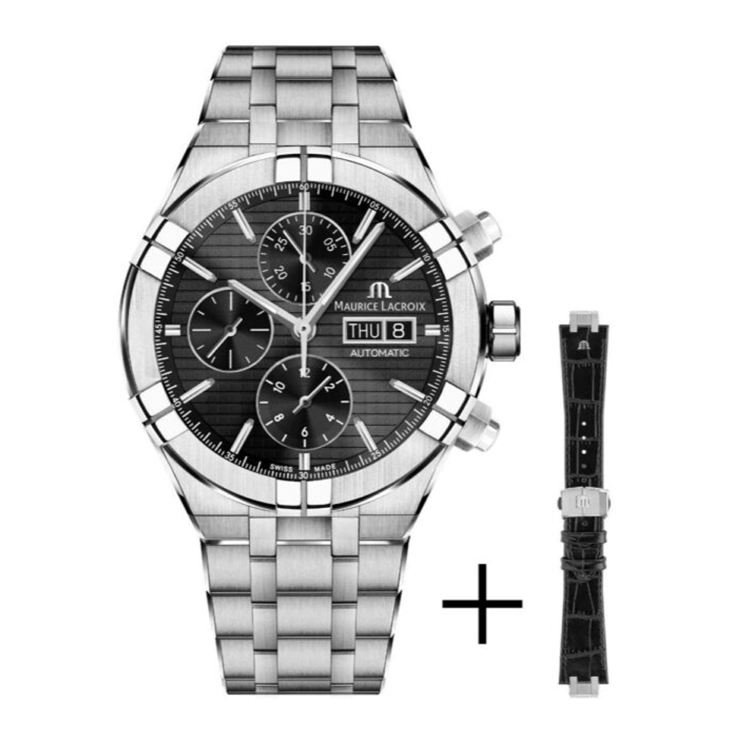 Maurice Lacroix - Uomo - AI6038-SS002-330-2 - Aikon 44mm Chronograph Day Date Black Dial; Steel Bracelet and Black Leather Strap