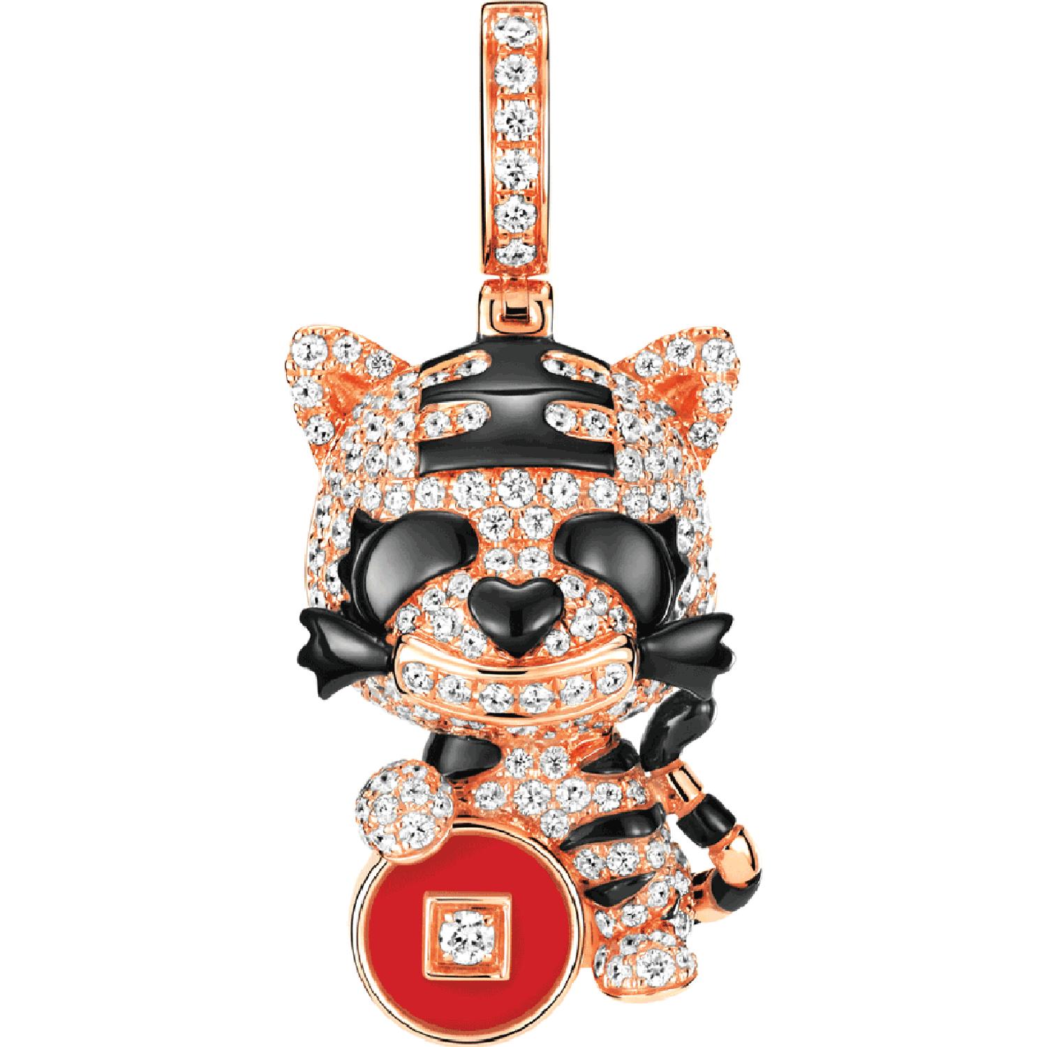QEELIN - BFP20BZRBRA - Pendente Tiger Bo Bo medio in oro rosa 18 carati con diamanti e agata rossa