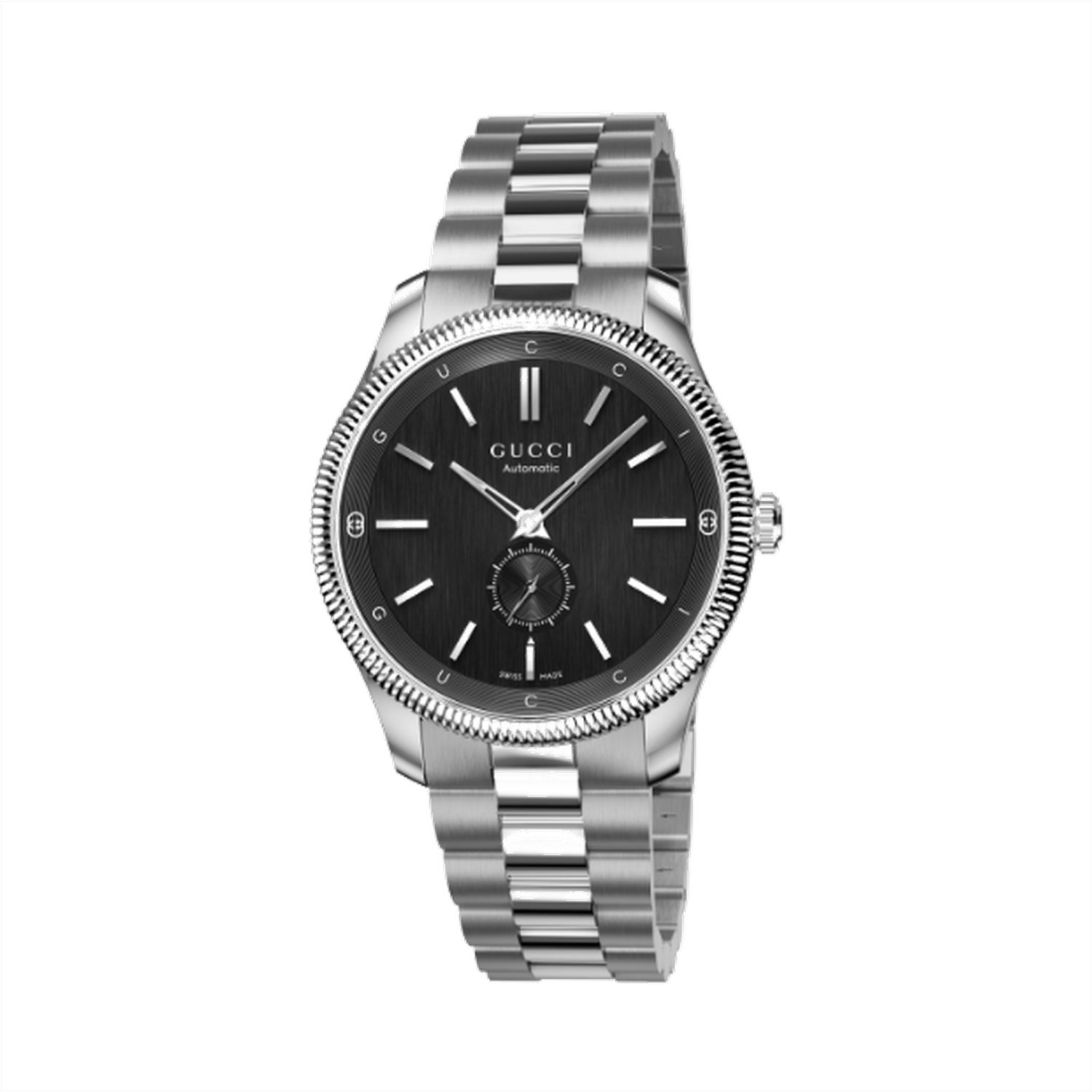 GUCCI - YA126388 - G - Timeless 40 mm stainless steel case, black dial with and lettering, small seconds display, stainless steel bracelet