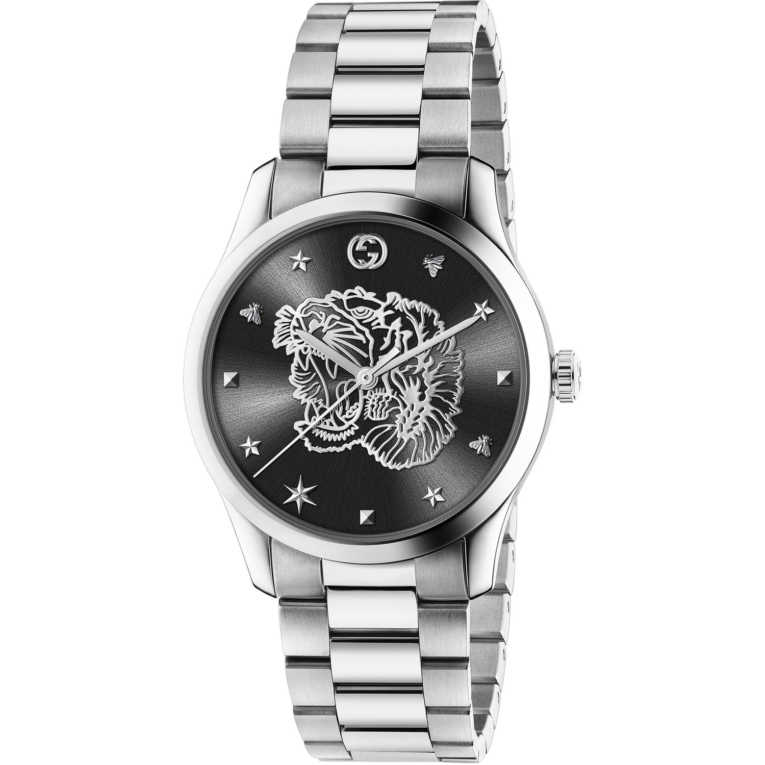 Gucci - YA1264125 - G-Timeless Iconic Steel case, black sunbrushed dial with tiger head motif, steel bracelet