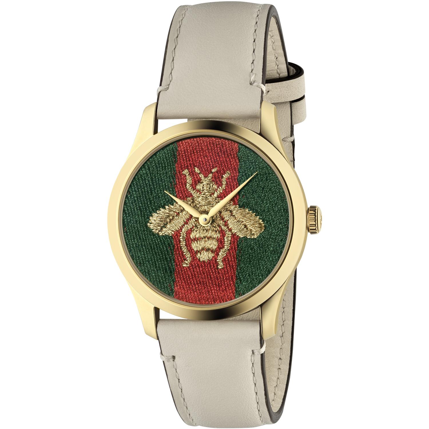 Gucci - YA1264128 - G-Timeless Contemporary Yellow gold PVD case, green-red-green web nylon dial with embroidered gold bee, white leather strap
