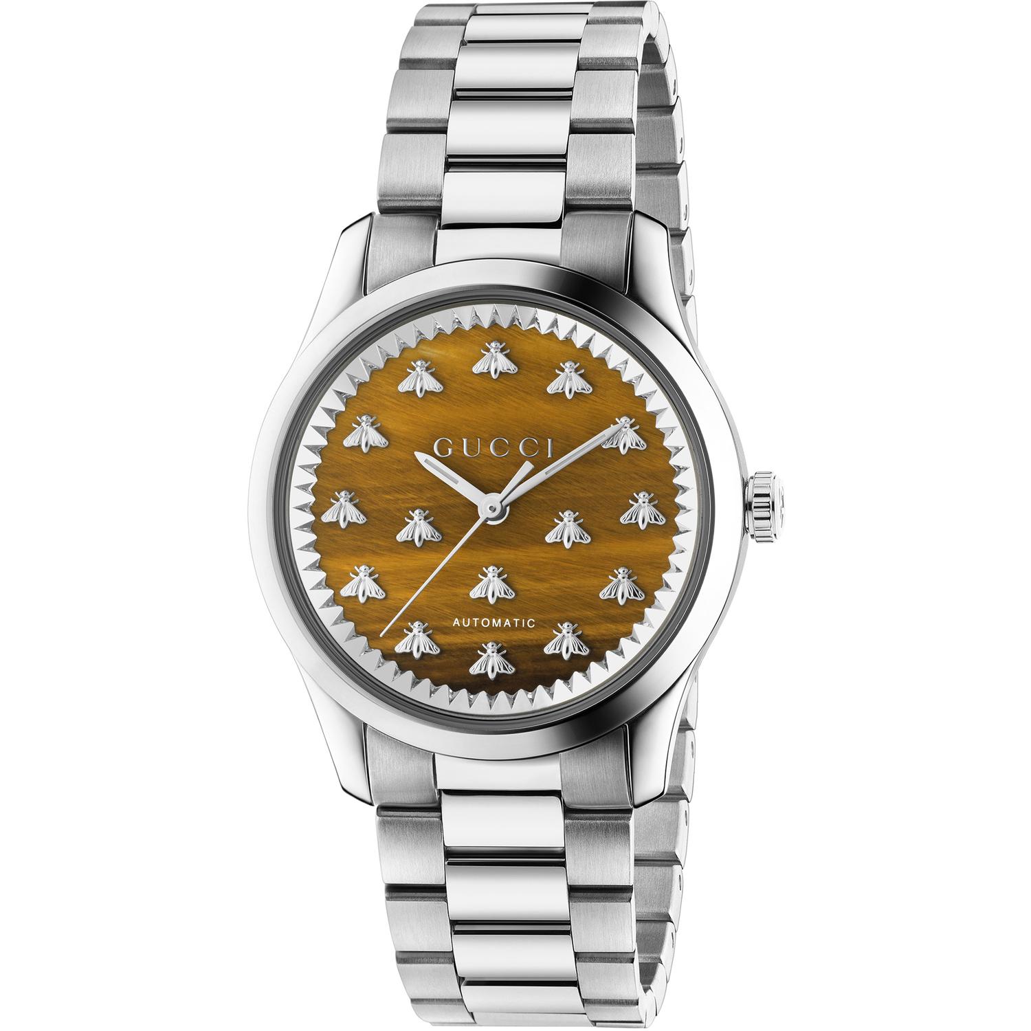 Gucci - YA1264177 - G-Timeless With Bee Motif Steel case, brown tiger eye stone dial with bees, steel bracelet