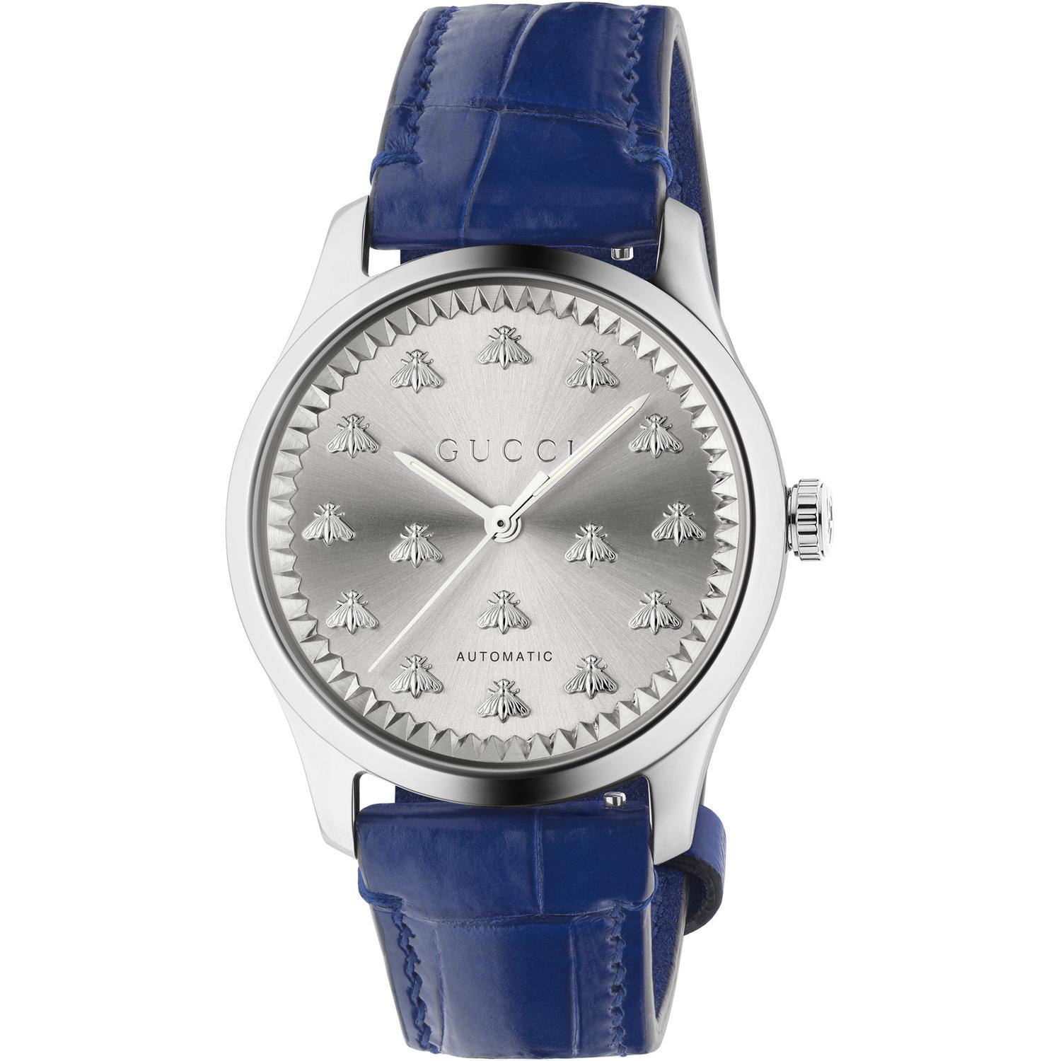 Gucci - YA1264214 - G-Timeless With Bee Motif 38mm steel case, silver sunbrushed dial with bees, blue alligator leather bracelet