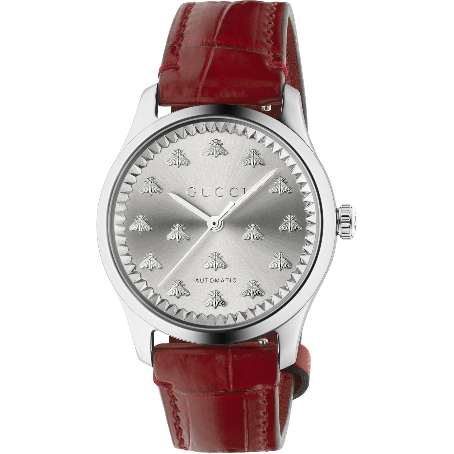 Gucci - YA1264218 - G-Timeless With Bee Motif 38mm steel case, silver sunbrushed dial with bees, red alligator leather bracelet