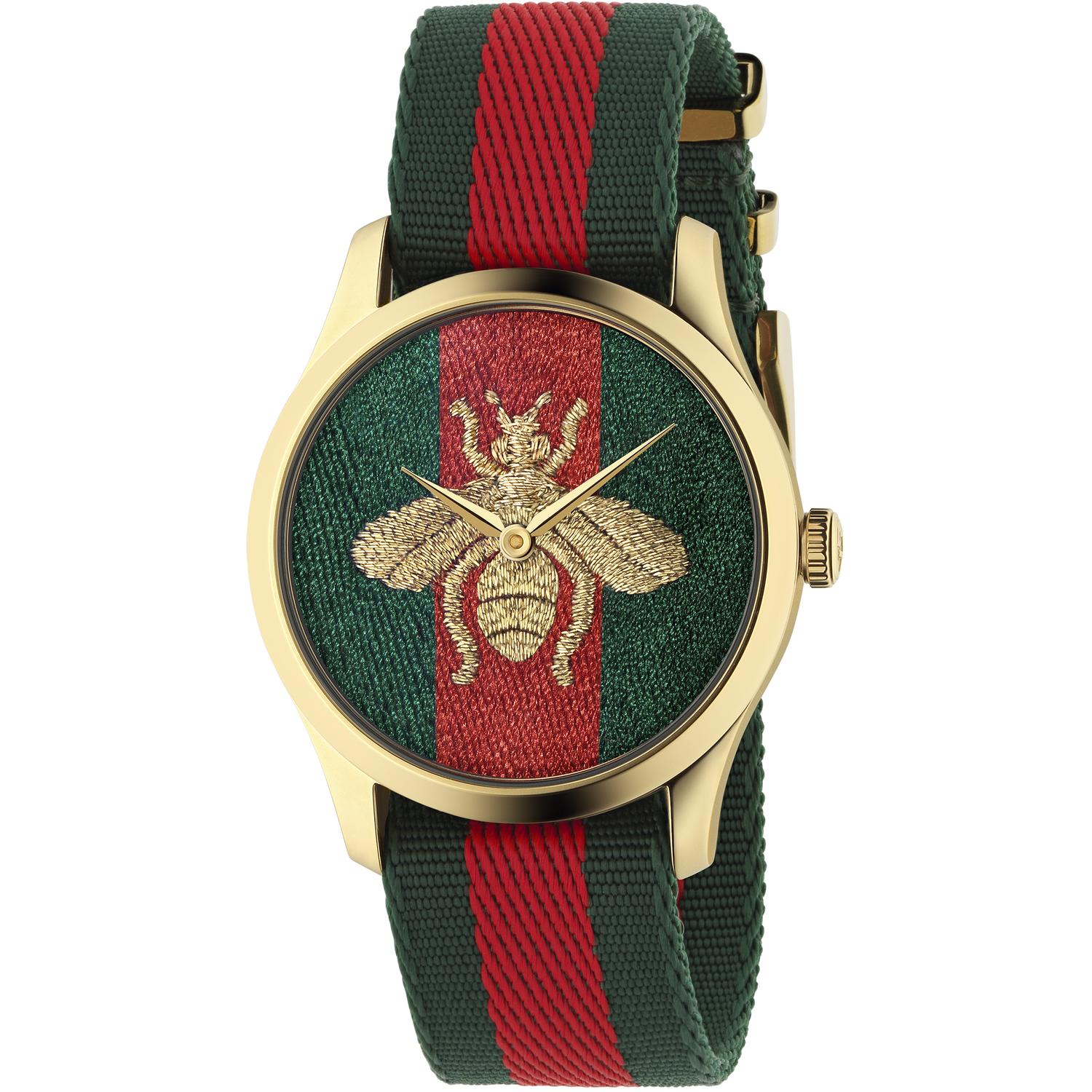 Gucci - YA126487B - G-Timeless Contemporary Yellow gold PVD case, green-red-green web nylon dial with embroidered gold bee, green-red-green web nylon strap