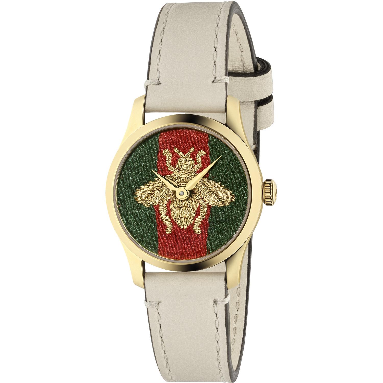 Gucci - YA1265009 - G-Timeless Contemporary Yellow gold PVD case, green-red-green web nylon dial with embroidered gold bee, white leather strap