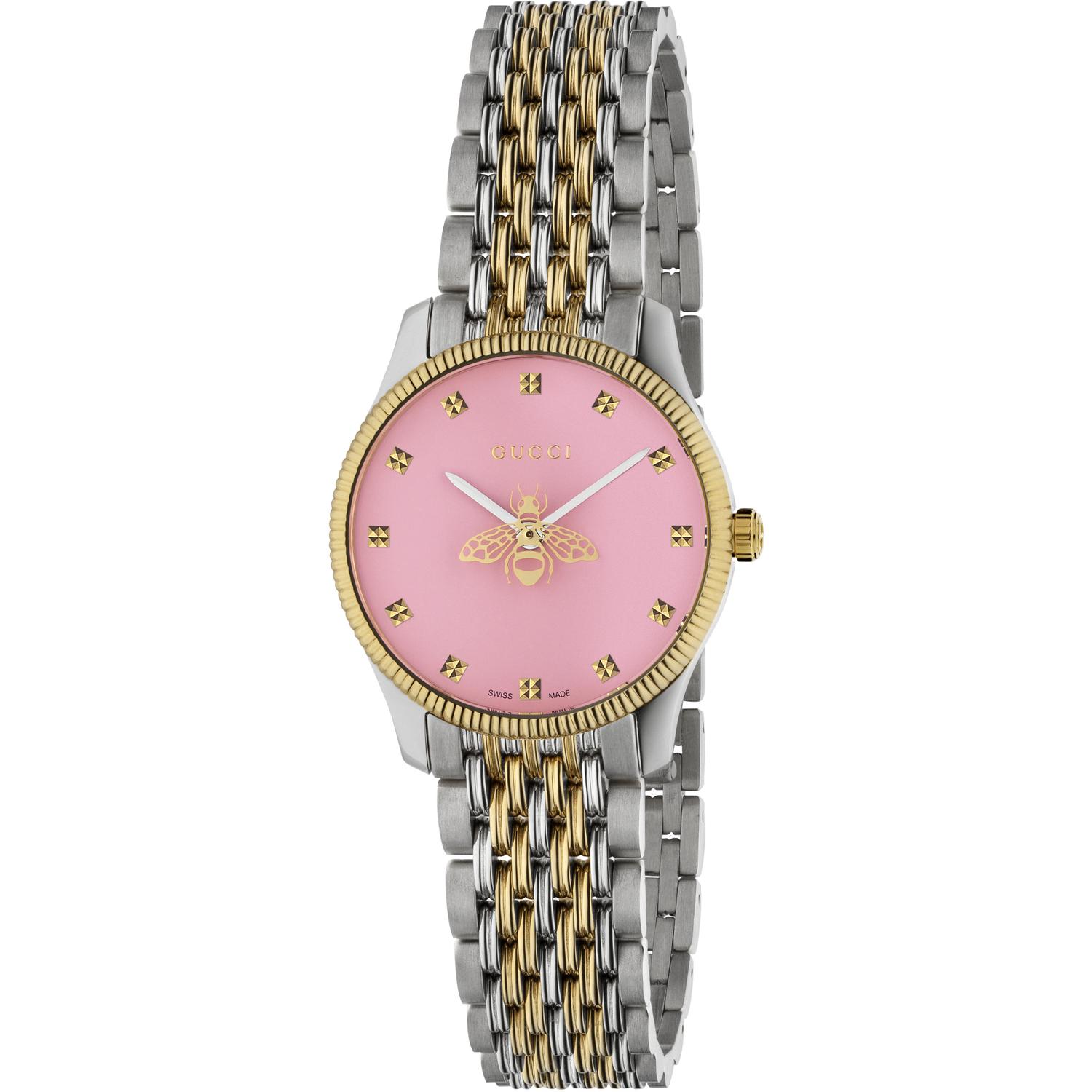 Gucci - YA1265030 - G-Timeless Slim Steel and Yellow gold PVD case, pink dial with bee as seconds hand, 9 links steel and yellow gold PVD bracelet