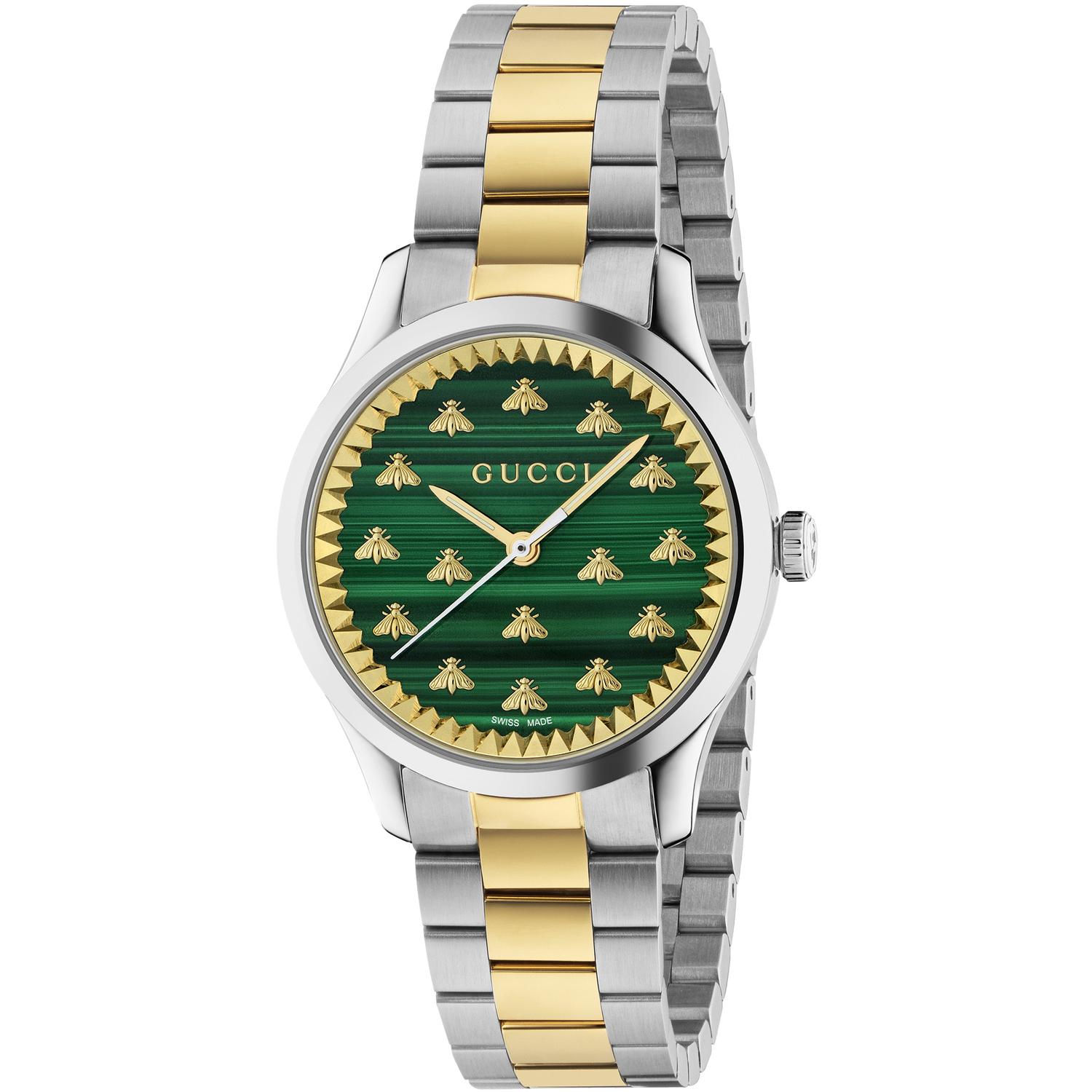 Gucci - YA1265042 - G-Timeless With Bee Motif 32 mm steel case, malachite stone dial with yellow gold plated bees, steel and 18kt yellow gold bracelet