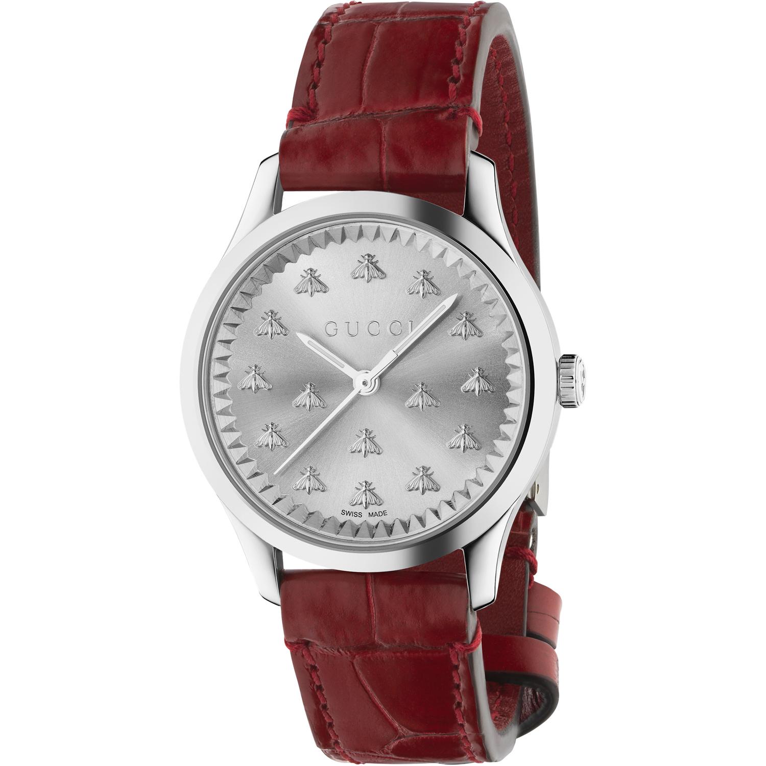 Gucci - YA1265057 - G-Timeless With Bee Motif 32mm steel case, silver sunbrushed dial with bees, red alligator leather bracelet