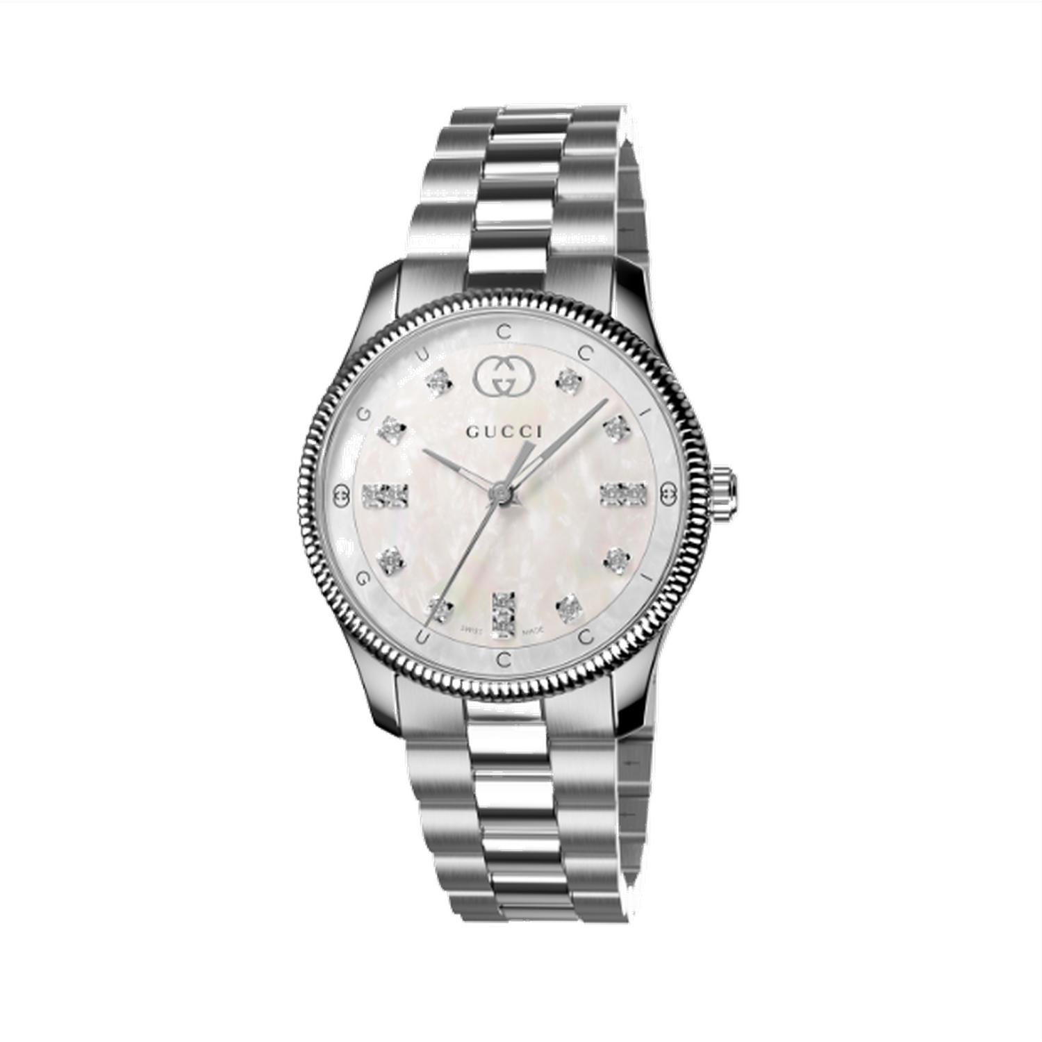 Gucci - YA1265064 - G-Timeless 29 mm stainless steel case, white mother of pearl dial with and Gucci lettering, diamond indexes, stainless steel bracelet