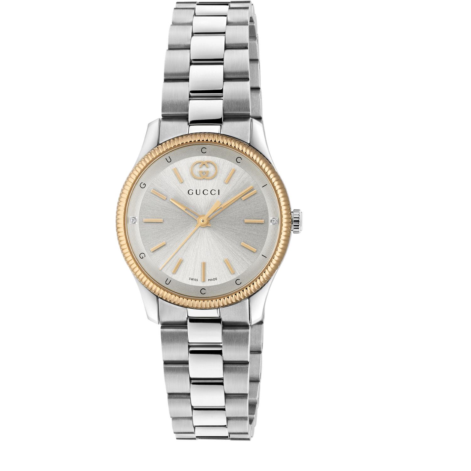 Gucci - YA1265070 - G-Timeless 29 mm stainless steel case, pink gold-plated bezel,  silver dial, stainless steel bracelet, quartz movement