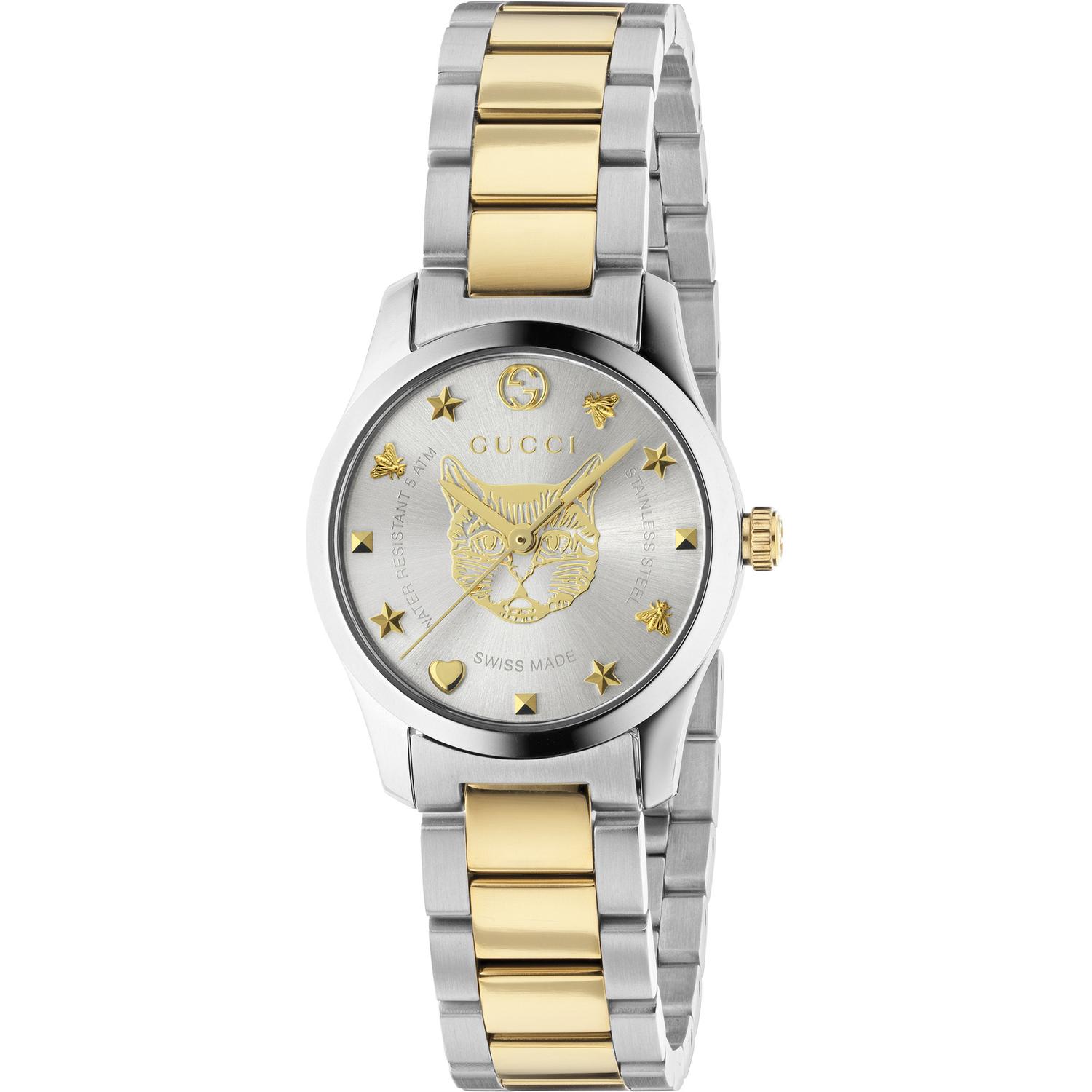 Gucci - YA126596 - G-Timeless Iconic Steel case, silver dial with yellow gold feline head motif, steel and yellow gold PVD bracelet