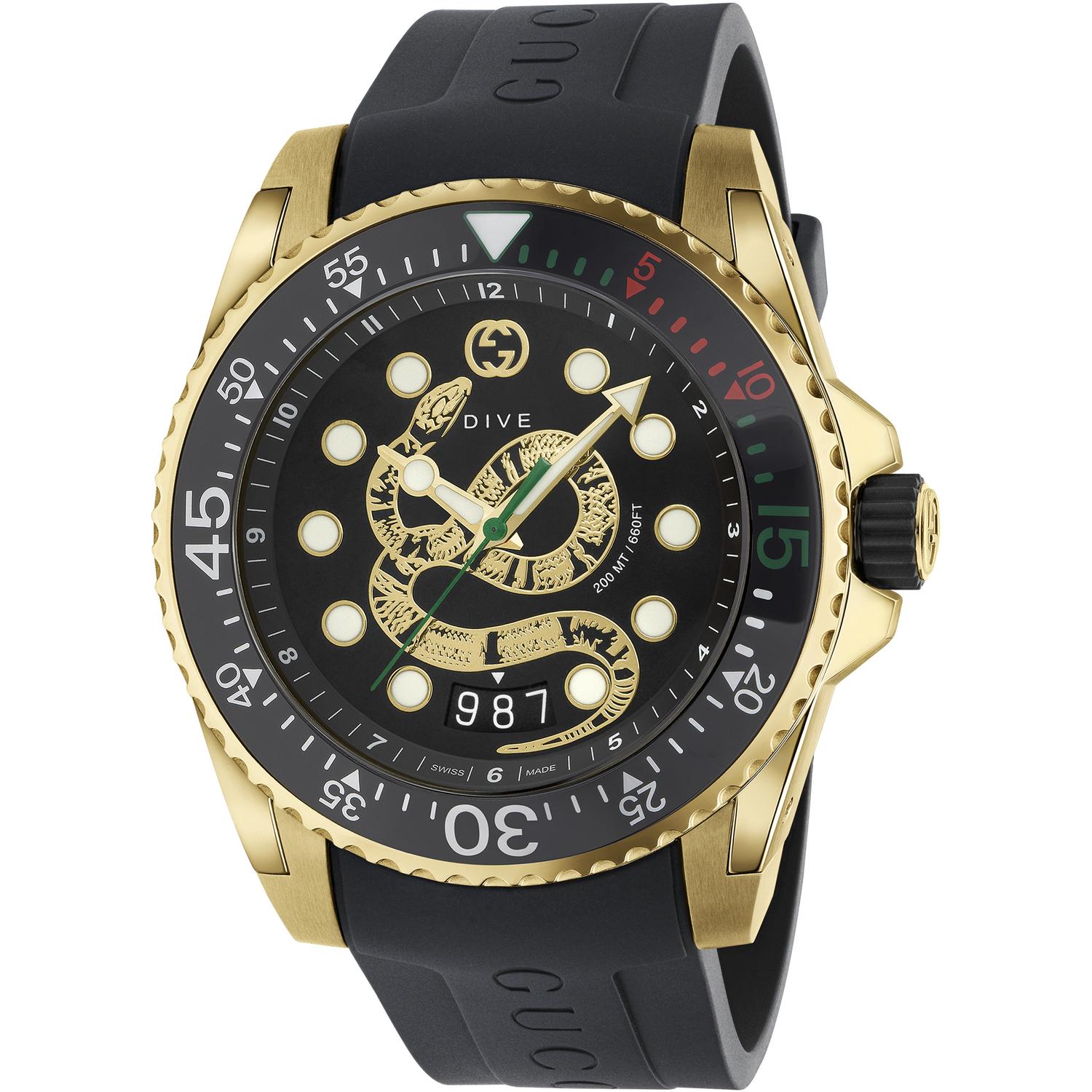 Gucci - YA136219 - Gucci Dive Yellow gold PVD case, black dial with yellow gold snake motif, black rubber strap