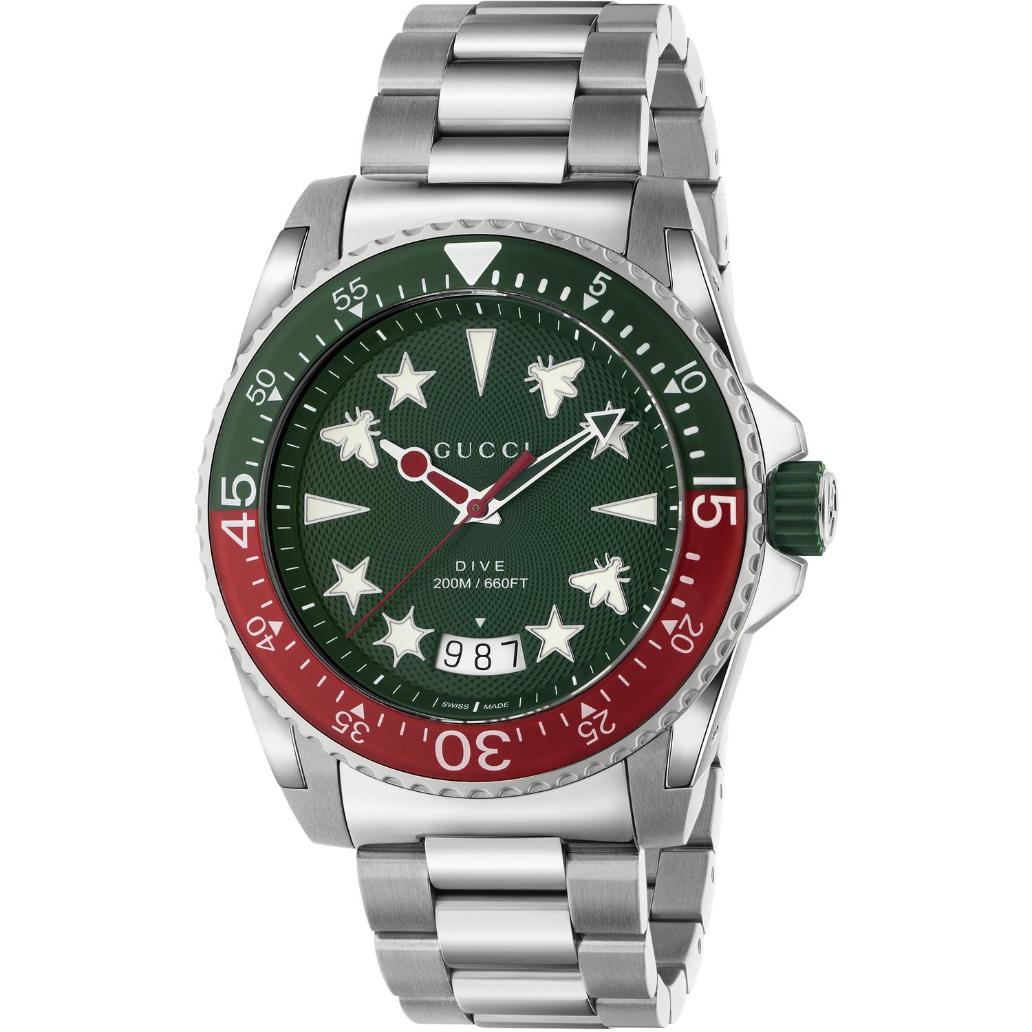 Gucci - YA136222 - Gucci Dive Steel case and bracelet, green and red bezel, green rubber crown, green dial with multi icon indexes