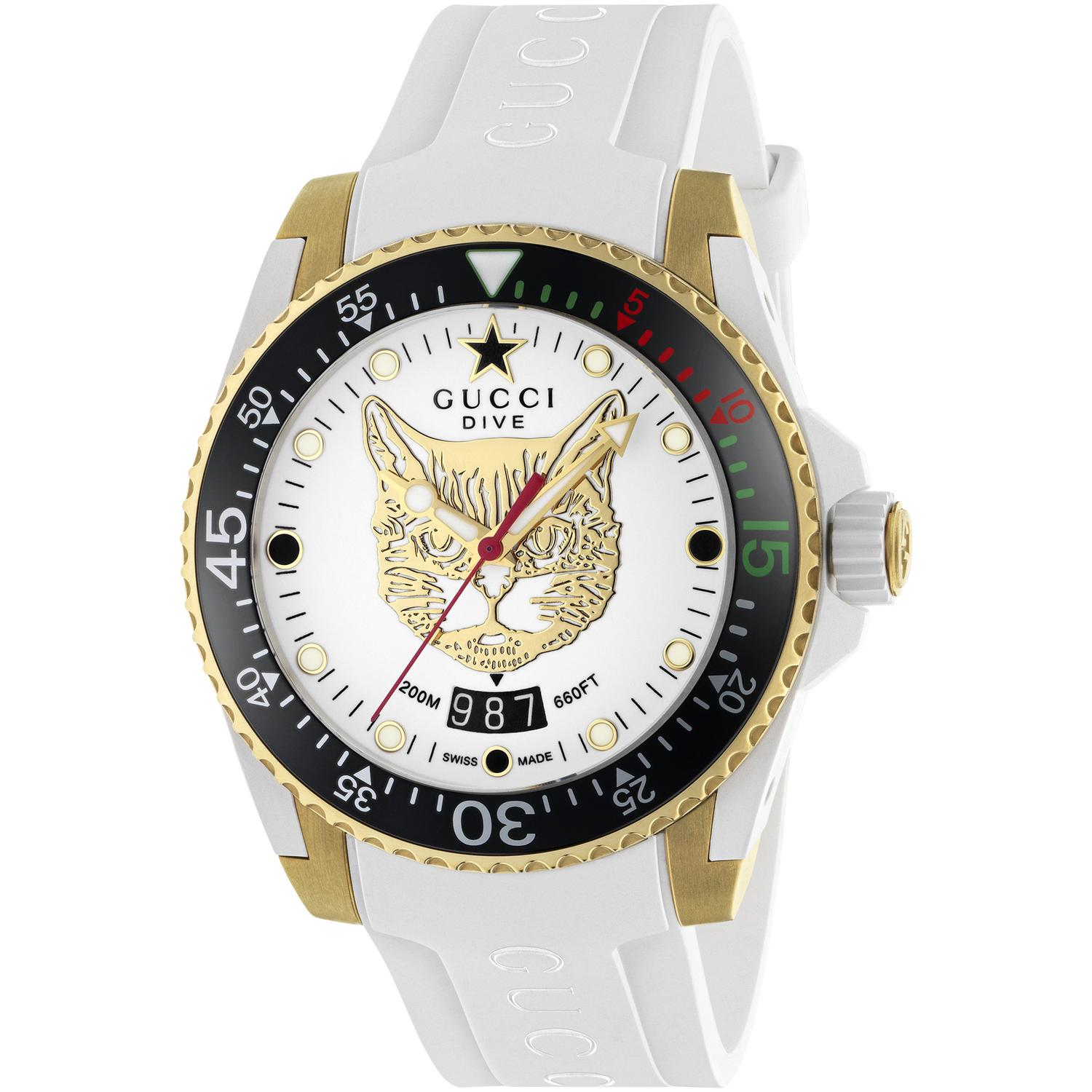 Gucci - YA136322 - Gucci Dive Yellow gold PVD case, white dial with gold feline head motif, white rubber strap