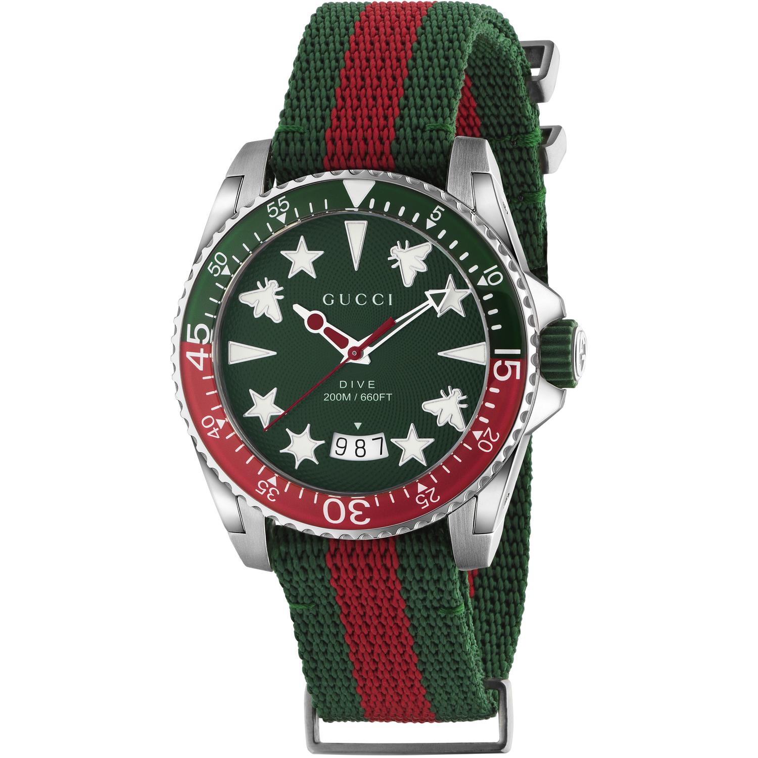 Gucci - YA136339 - Gucci Dive Steel case, green and red bezel, green rubber crown, green dial with multi icon indexes, recycled polyester web strap