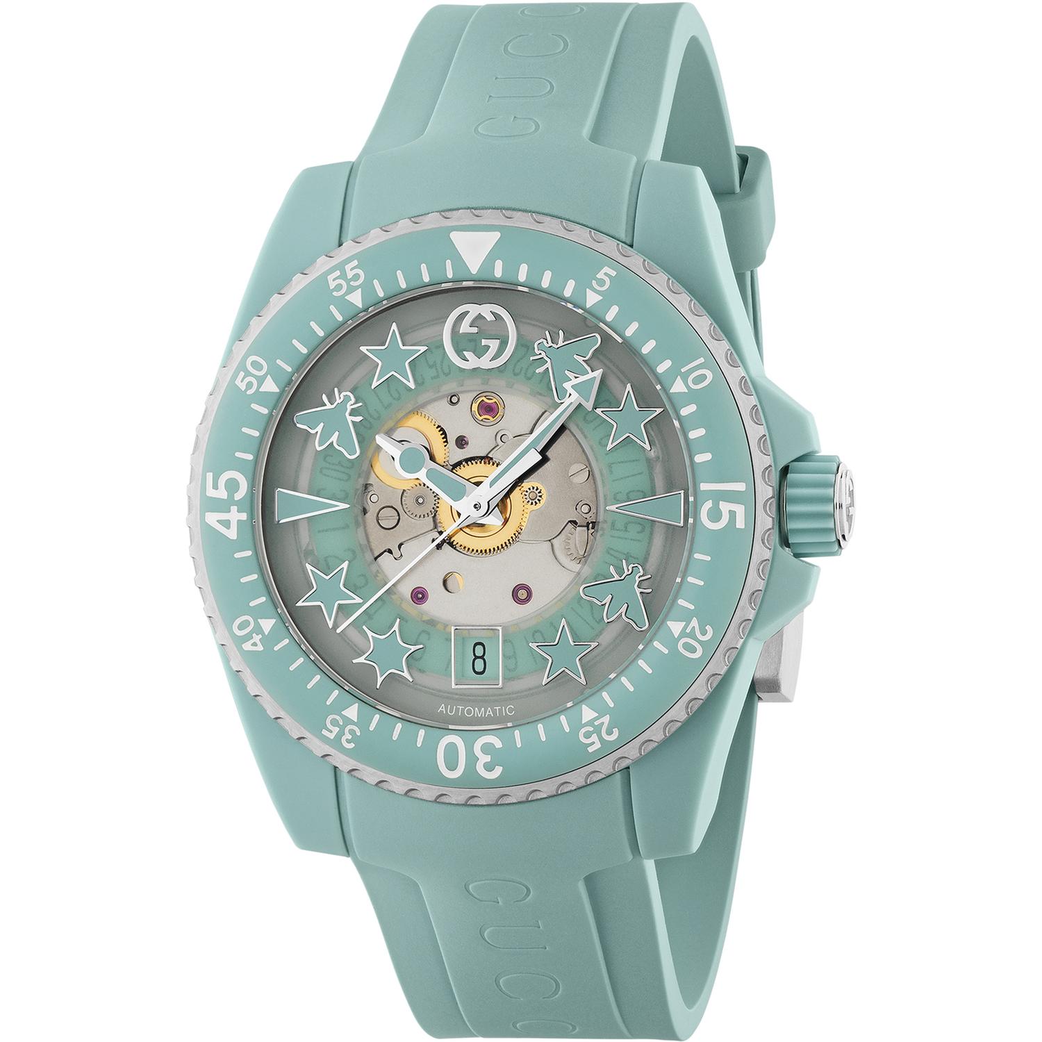 Gucci - YA136344 - Gucci Dive 40mm steel and acquamarine bio-based plastic case, acquamarine transparent dial with multi icon indexes, bio-based acquamarine plastic strap