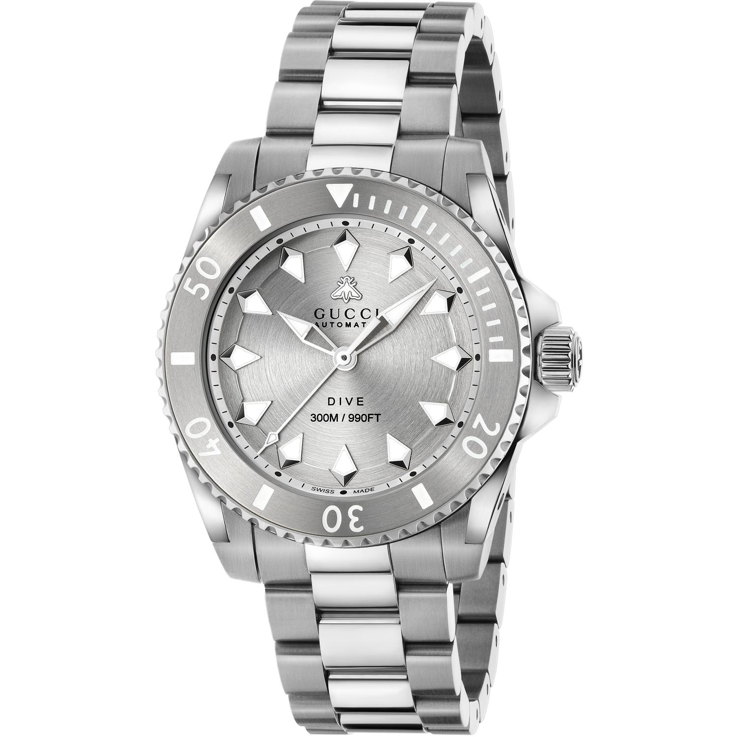 Gucci - YA136354 - Gucci Dive 40 mm steel case, silver dial, grey bezel, steel bracelet, screw-down crown and case back