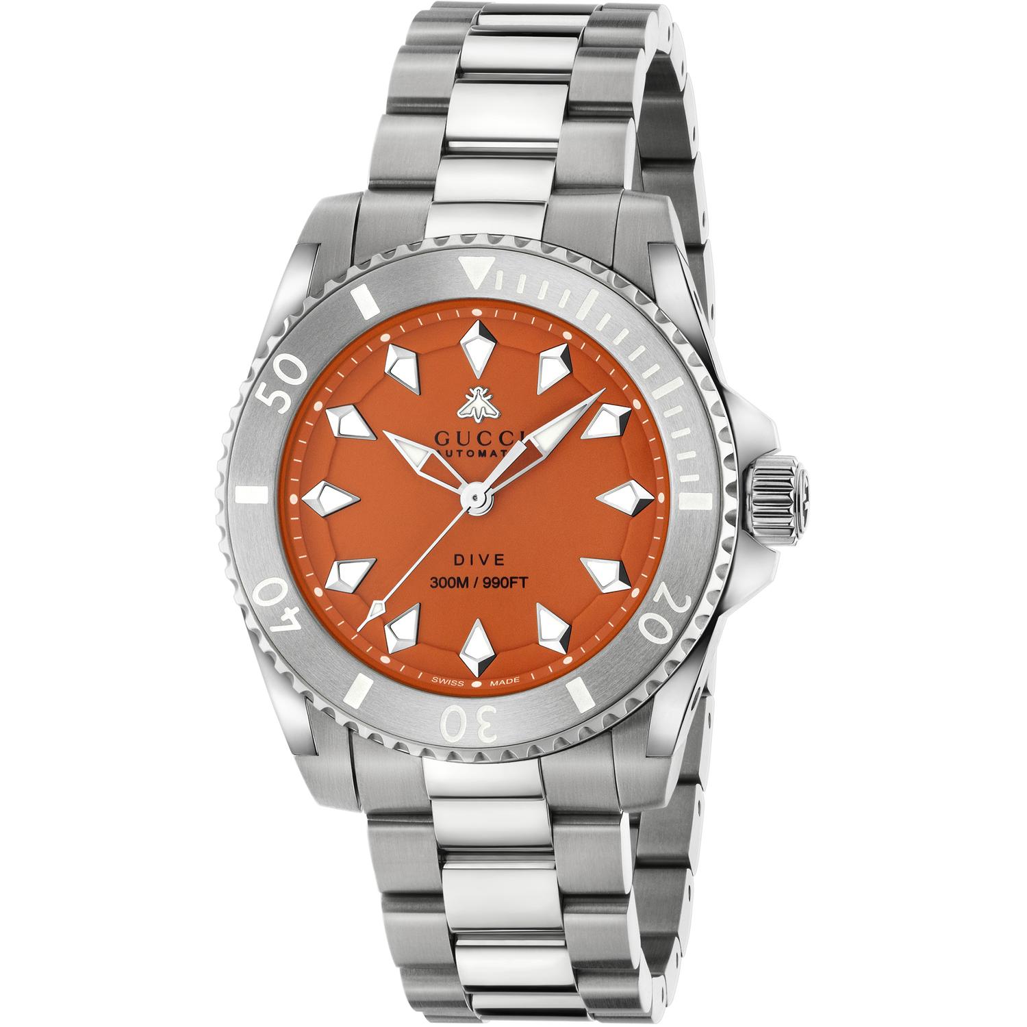 Gucci - YA136355 - Gucci Dive 40 mm steel case, orange dial, white bezel, steel bracelet, screw-down crown and case back
