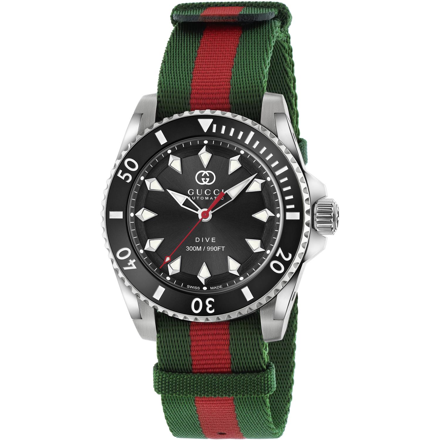 GUCCI - YA136364 - Dive 40 mm stainless steel case, black dial, ceramic bezel, nato green - red - green strap, self - winding movement