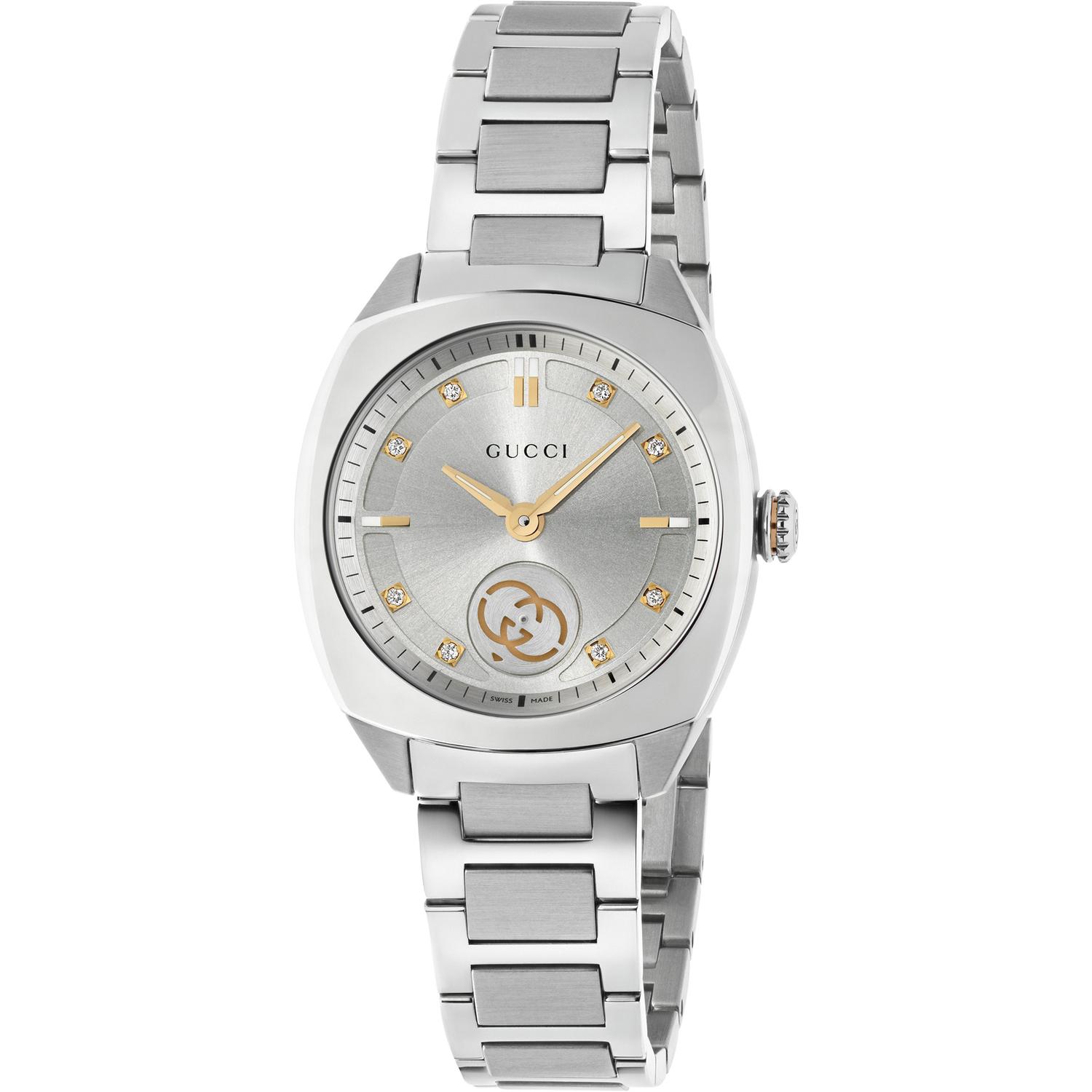 Gucci - YA142510 - Gucci Interlocking 29mm stainless steel case, silver sunbrushed dial with 8 diamonds and pink gold-plated details, small seconds display, stainless steel bracelet