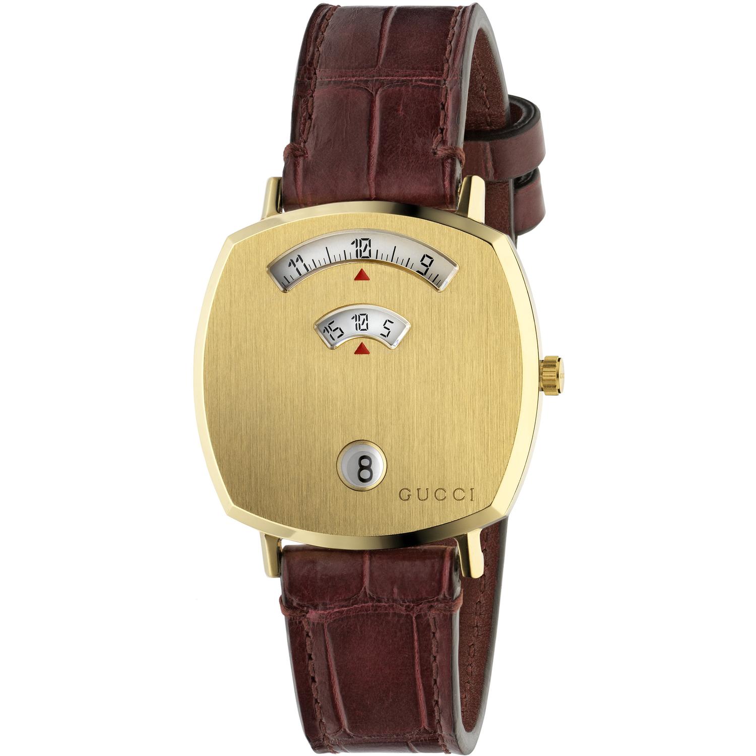 GUCCI - YA157402 - Grip Yellow gold PVD case, 3 windows indicating hour, minute & date, bordeaux alligator strap