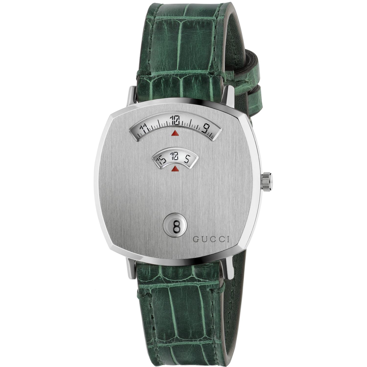 GUCCI - YA157404 - Grip Steel case, 3 windows indicating hour, minute & date, green alligator strap