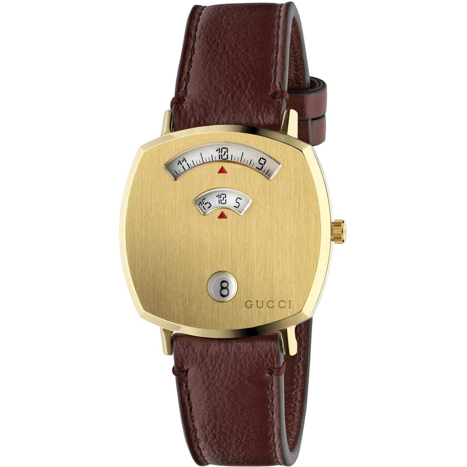 GUCCI - YA157405 - Grip Yellow gold PVD case, 3 windows indicating hour, minute & date, bordeaux leather strap
