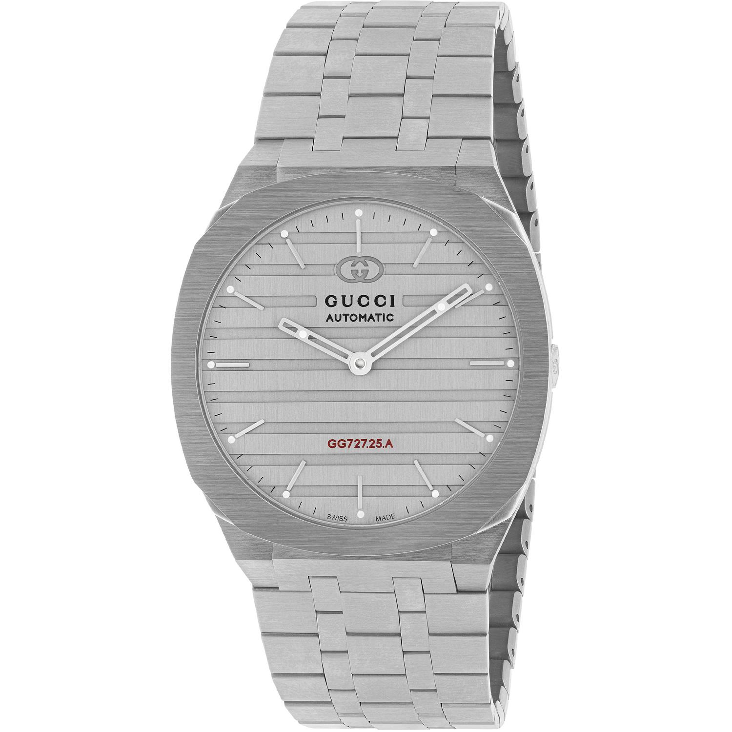 Gucci - YA163302 - Gucci 25H 40mm stainless steel multi layered case, heavy brushed grey dial with red GG727.25.A caliber engraving, five links stainless steel bracelet