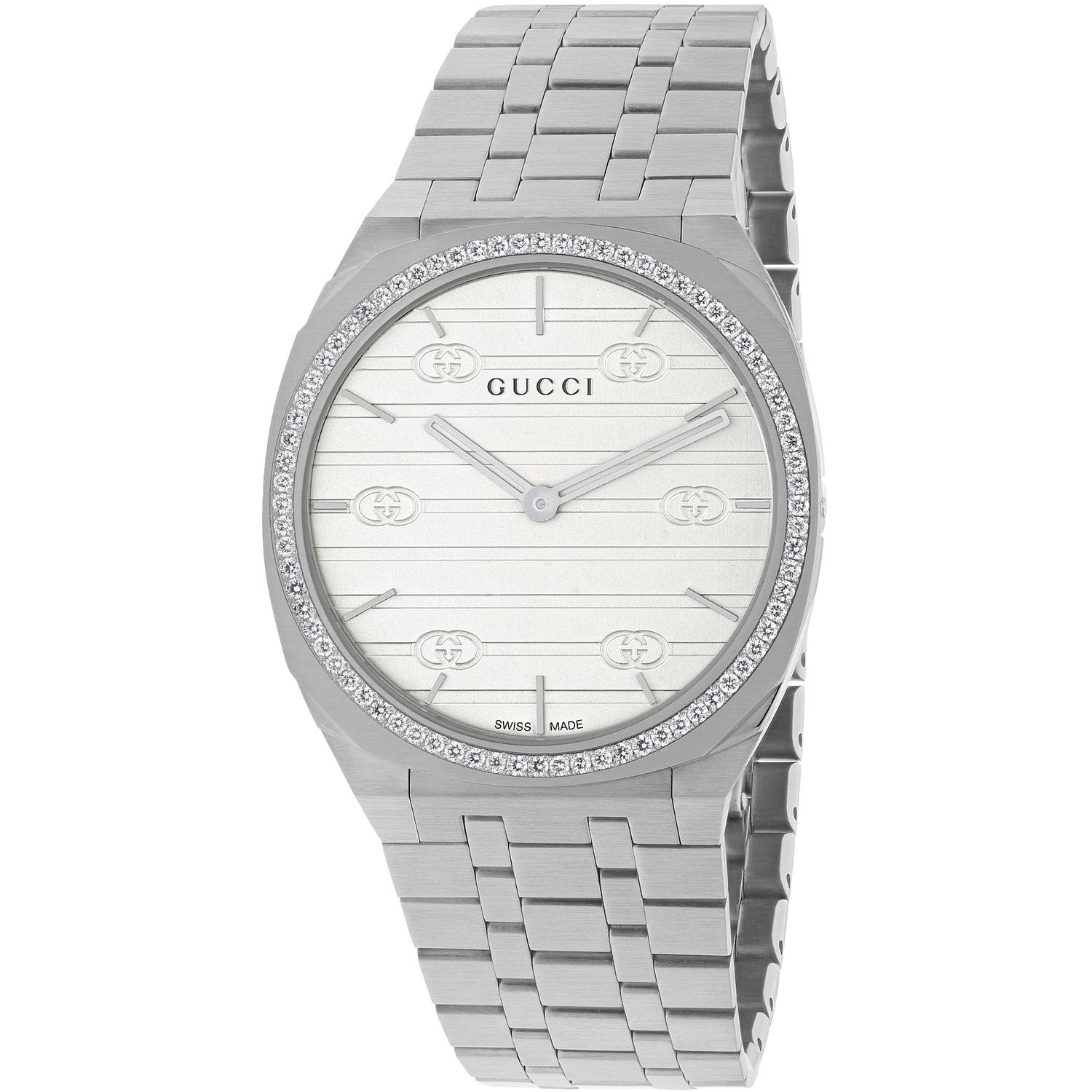 Gucci - YA163401 - Gucci 25H 34mm stainless steel multi layered case, bezel set with diamonds, white brass dial with GG, five links stainless steel bracelet