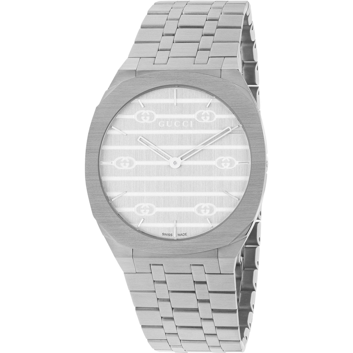 Gucci - YA163402 - Gucci 25H 34mm stainless steel multi layered case, silver brass dial with GG, five links stainless steel bracelet
