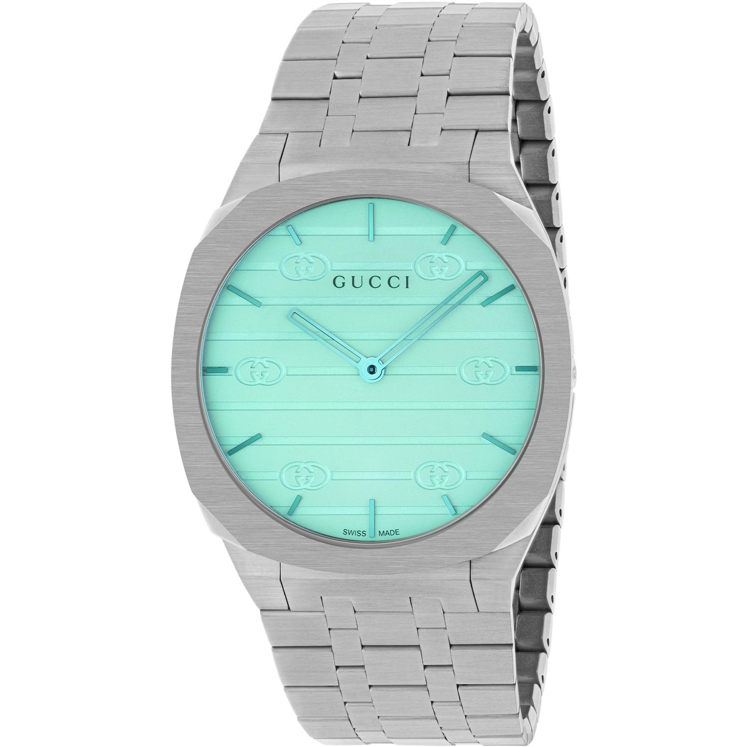 Gucci - YA163409 - Gucci 25H 38mm stainless steel multi layered case, white dial with motif and ocean blue colored glass, five links stainless steel bracelet