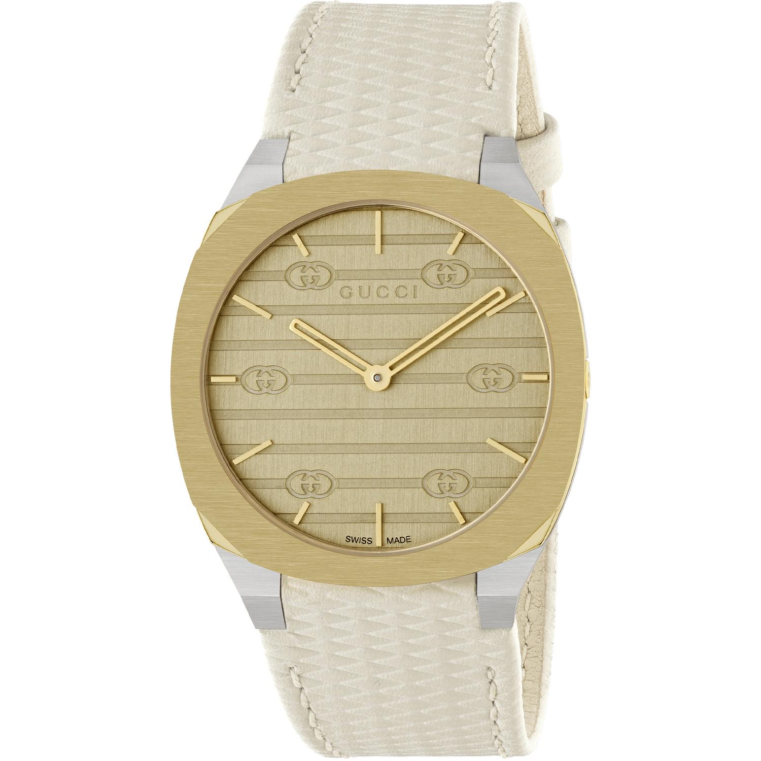 Gucci - YA163416 - Gucci 25H 34 mm stainless steel and 18 Kt yellow gold plated multi layered case, golden brass dial with GG, white leather strap