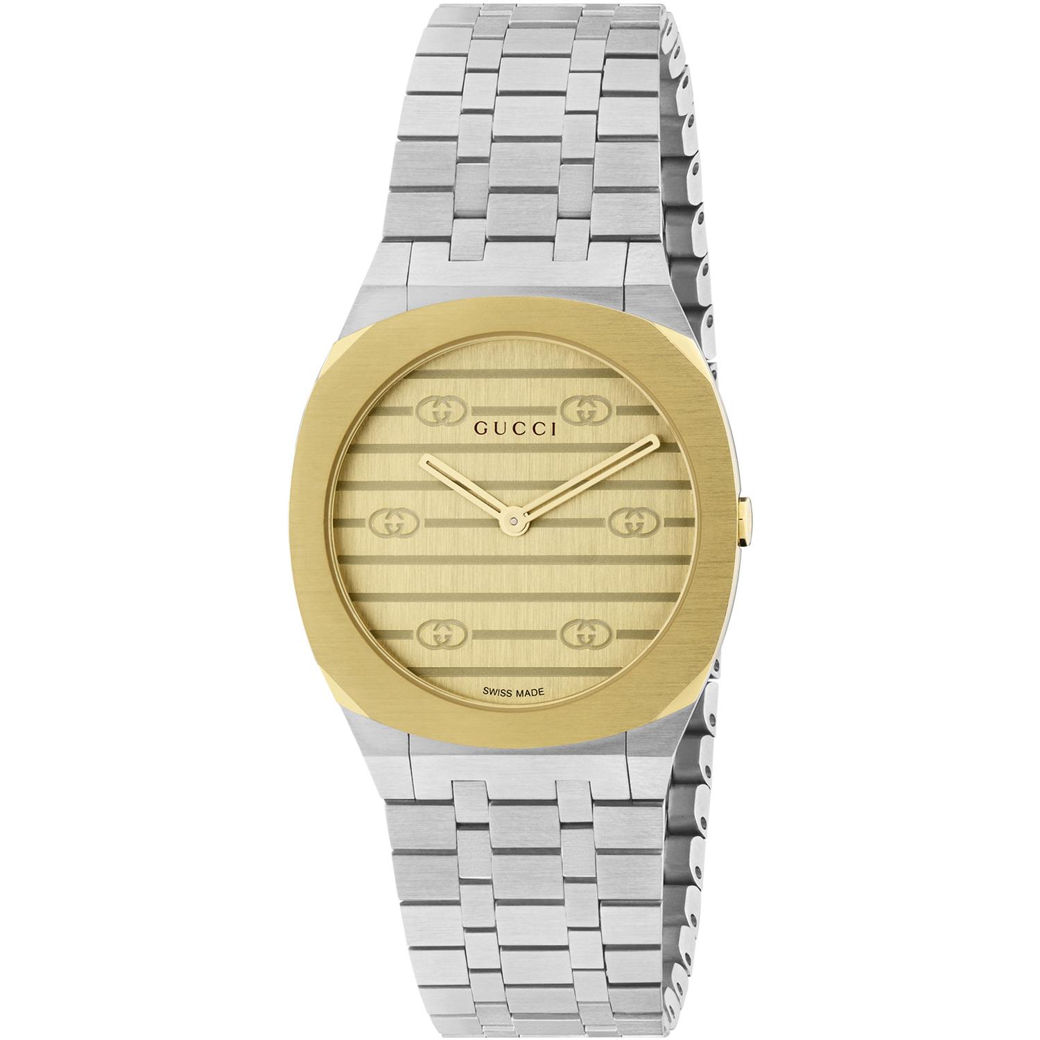 Gucci - YA163502 - Gucci 25H 30mm stainless steel and 18k yellow gold plated multi layered case, golden brass dial with motif, five links stainless steel bracelet