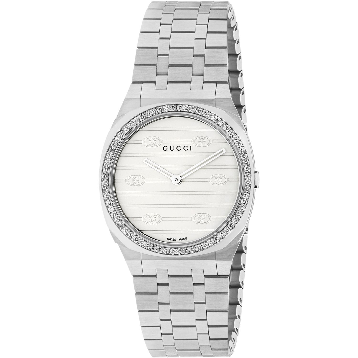 GUCCI - YA163503 - 25H 30mm stainless steel multi layered case, bezel set with diamonds, white brass dial with motif, five links stainless steel bracelet