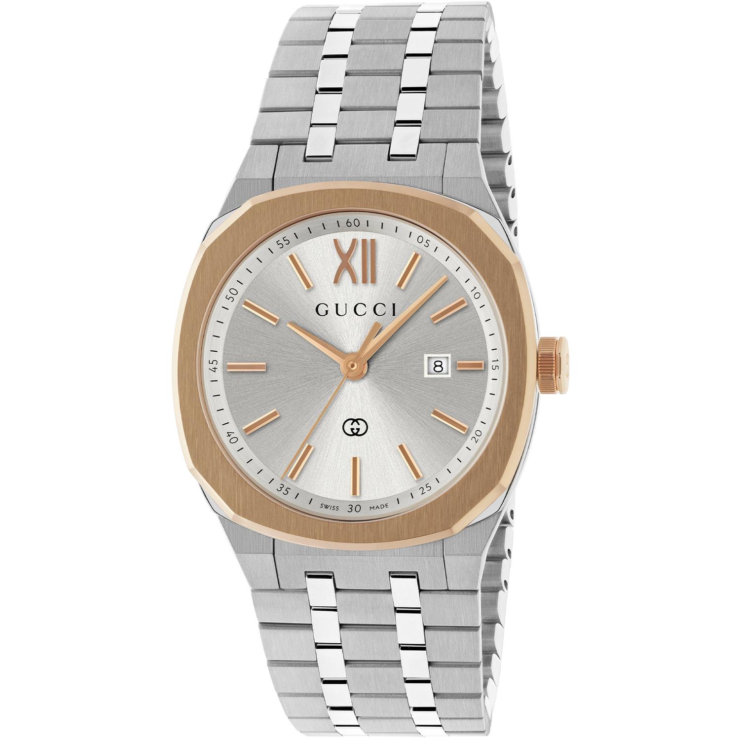 Gucci - YA163508 - Gucci 25H 30 mm stainless steel multi layered case, pink gold-plated bezel, silver dial, date opening, stainless steel five links interchangeable bracelet, quartz movement