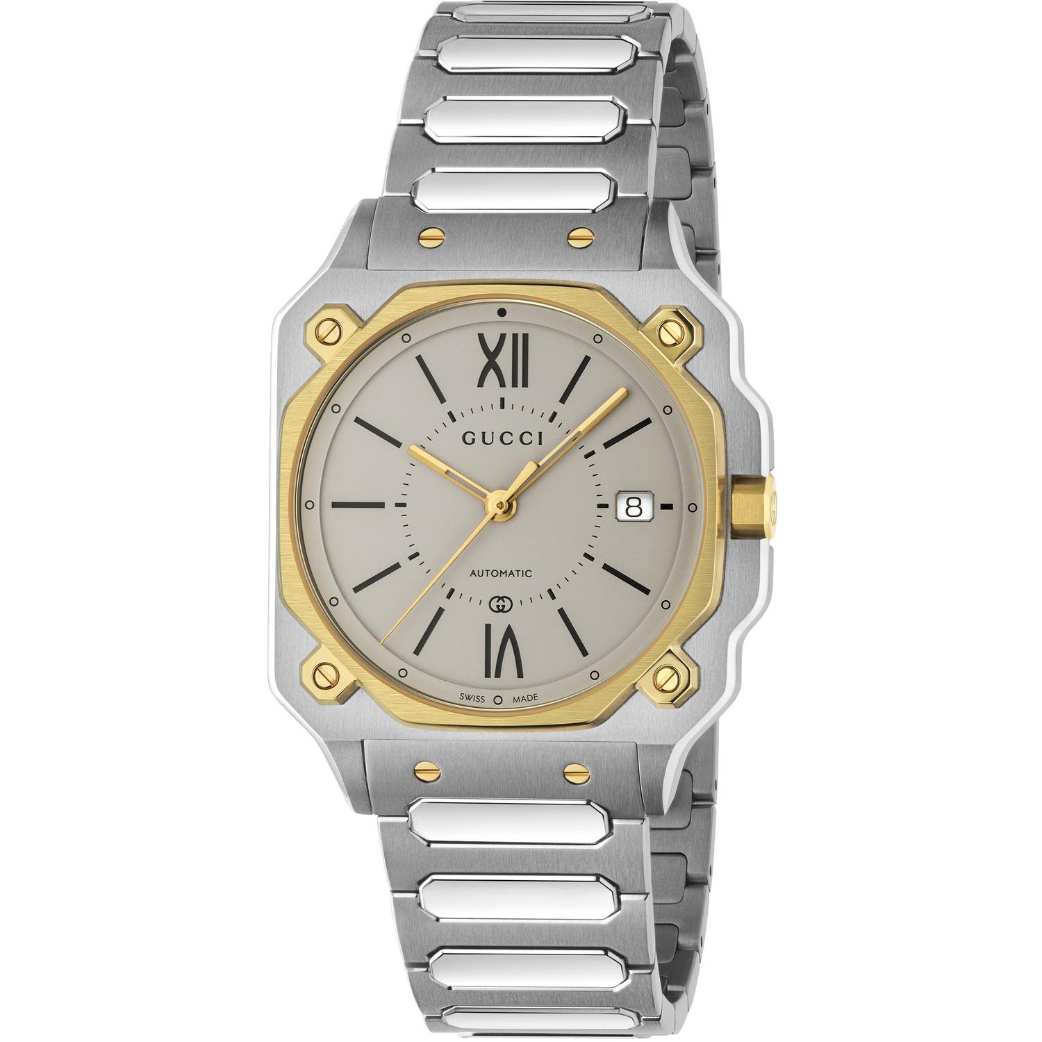 Gucci - YA166403 - G-Flat 36mm stainless steel case; Silver opaline dial with 18kt gold plating, date at 3 o'clock; Stainless steel bracelet