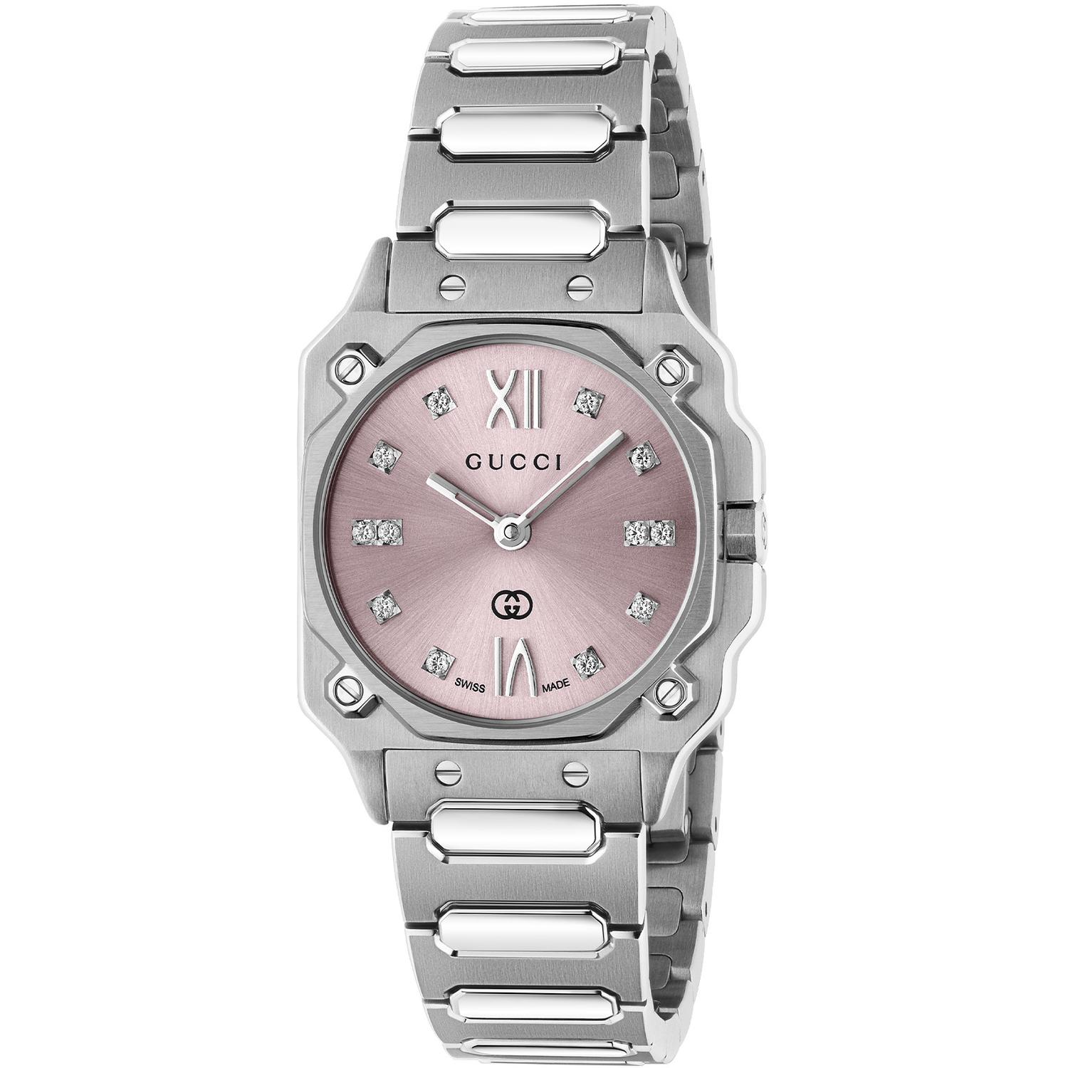GUCCI - YA166501 - G - Flat 24 mm stainless steel case; Pink galvanized dial with roman indexes at 12 and 6 o’clock and diamond indexes; Stainless steel bracelet