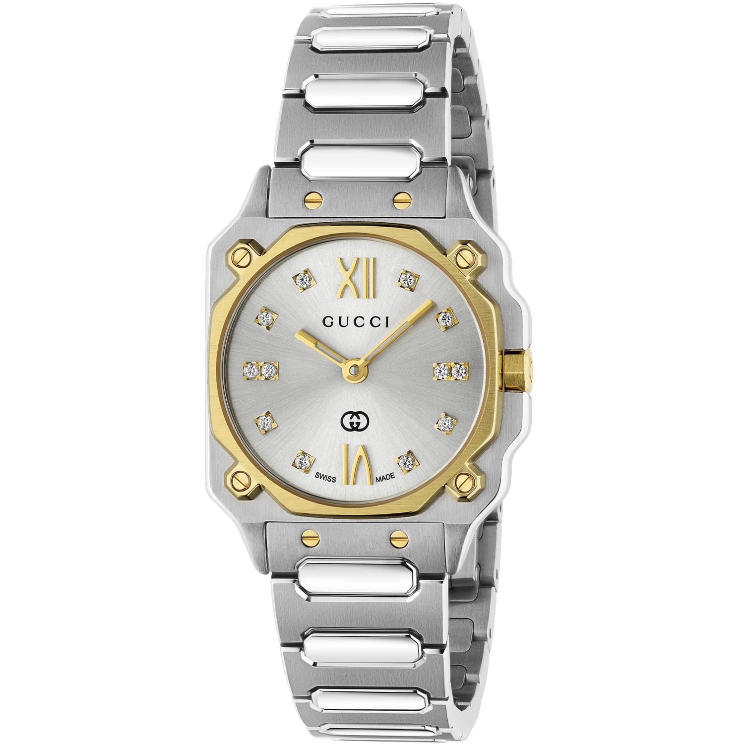 Gucci - YA166503 - G-Flat 24mm stainless steel case with 18kt yellow gold-plated bezel and screws; Silver galvanized dial with roman indexes at 12 and 6 o’clock and diamond indexes; Stainless steel bracelet
