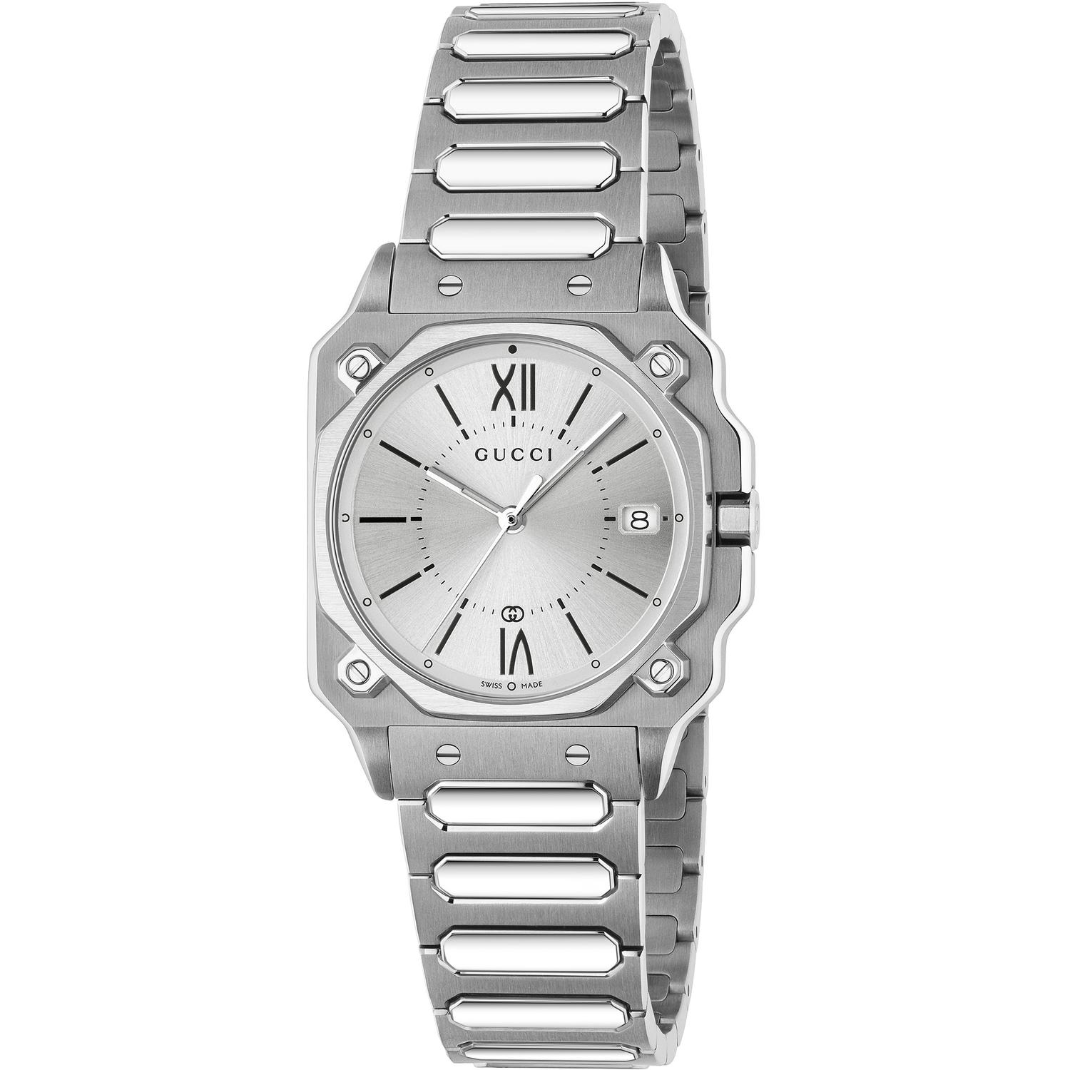 Gucci - YA166504 - G-Flat 30mm stainless steel case; Silver galvanized dial with roman indexes at 12 and 6 o’ clock and date at 3 o'clock;  Stainless steel bracelet