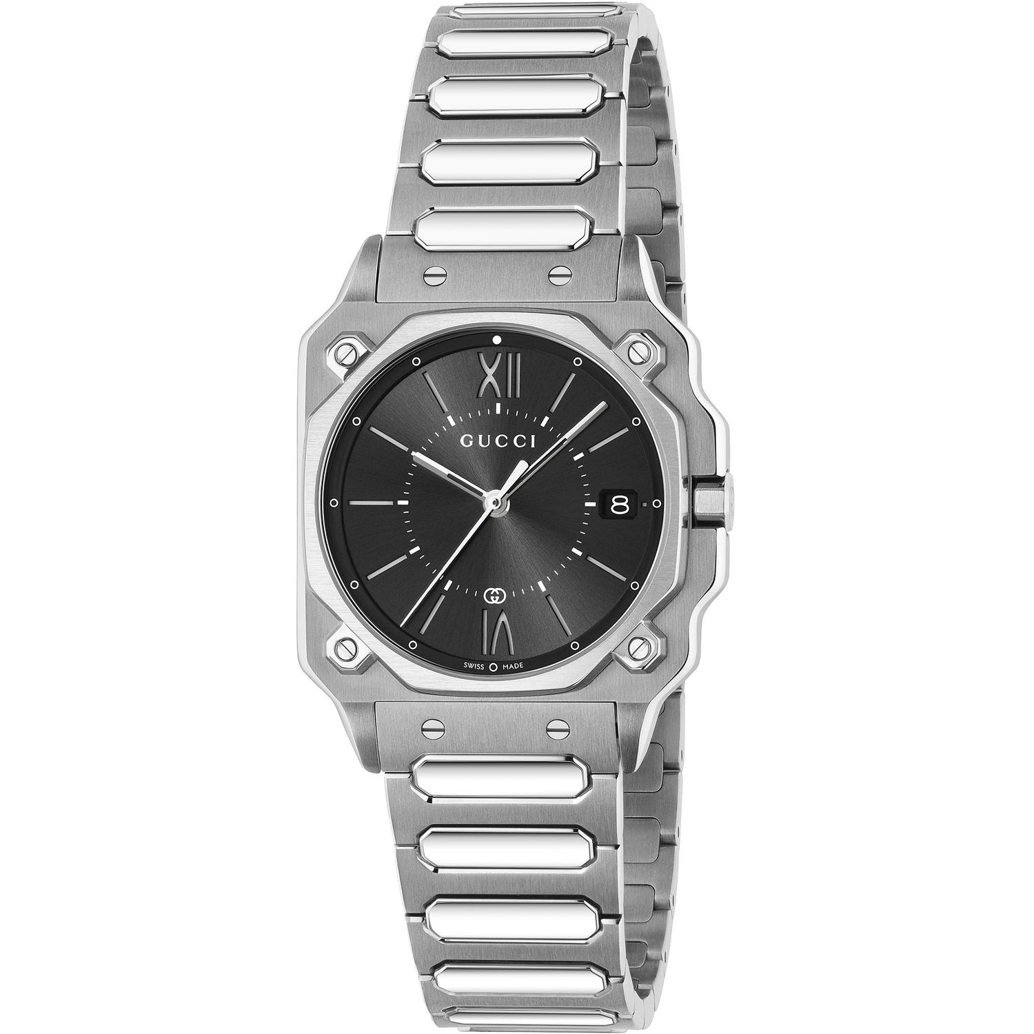 Gucci - YA166505 - G-Flat 30mm stainless steel case; Black galvanized dial with roman indexes at 12 and 6 o’clock and date at 3 o'clock; Stainless steel bracelet