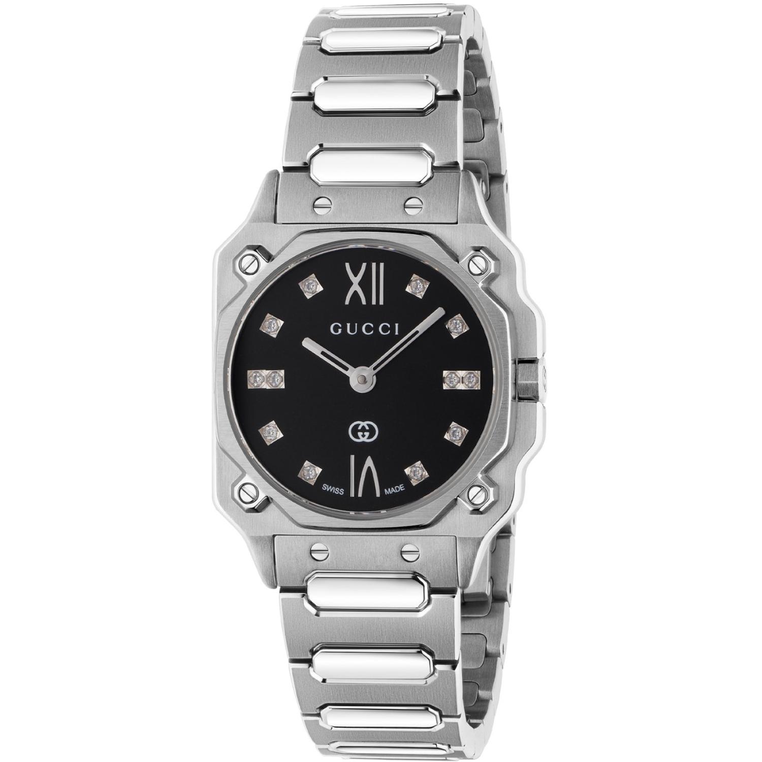 GUCCI - YA166507 - G - Flat 24 mm stainless steel case, black galvanized dial, roman indexes at 12 and 6 o’clock, diamond indexes, stainless steel bracelet, quartz movement