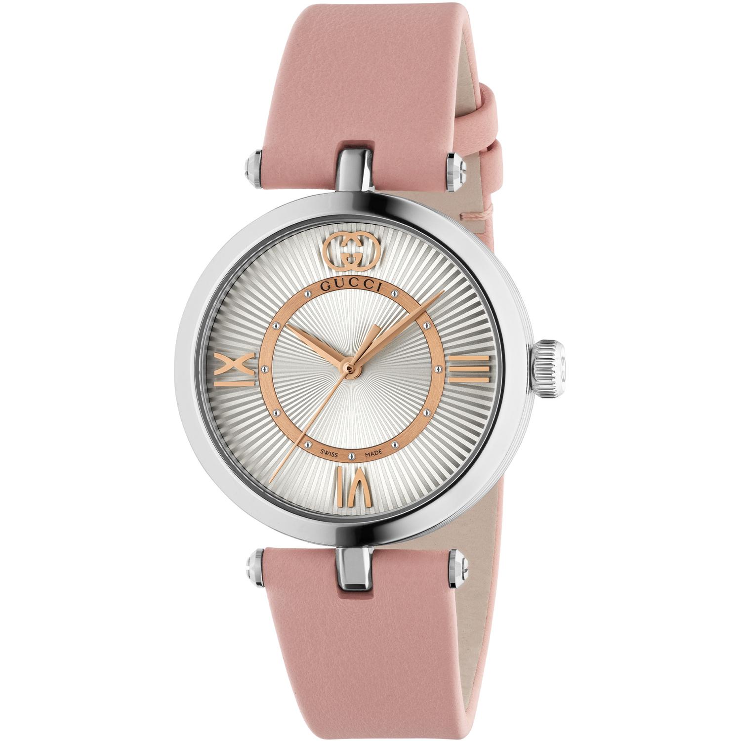Gucci - YA167506 - Model 2000 30mm stainless steel case; Silver guillochè dial, white resin stripes on the case side, roman indexes and detail; Pink leather strap