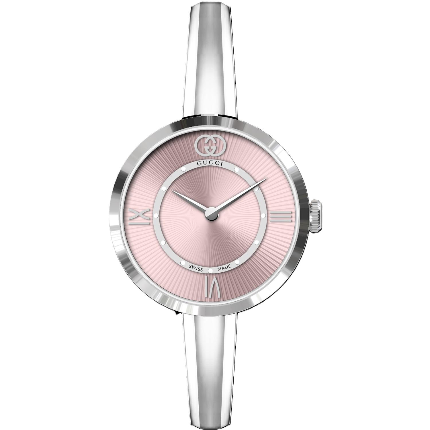 GUCCI - YA167516 - Model 2000 24 mm stainless steel case, pink guilloché dial, white resin stripes on the case side, stainless steel 15 cm bangle , quartz movement