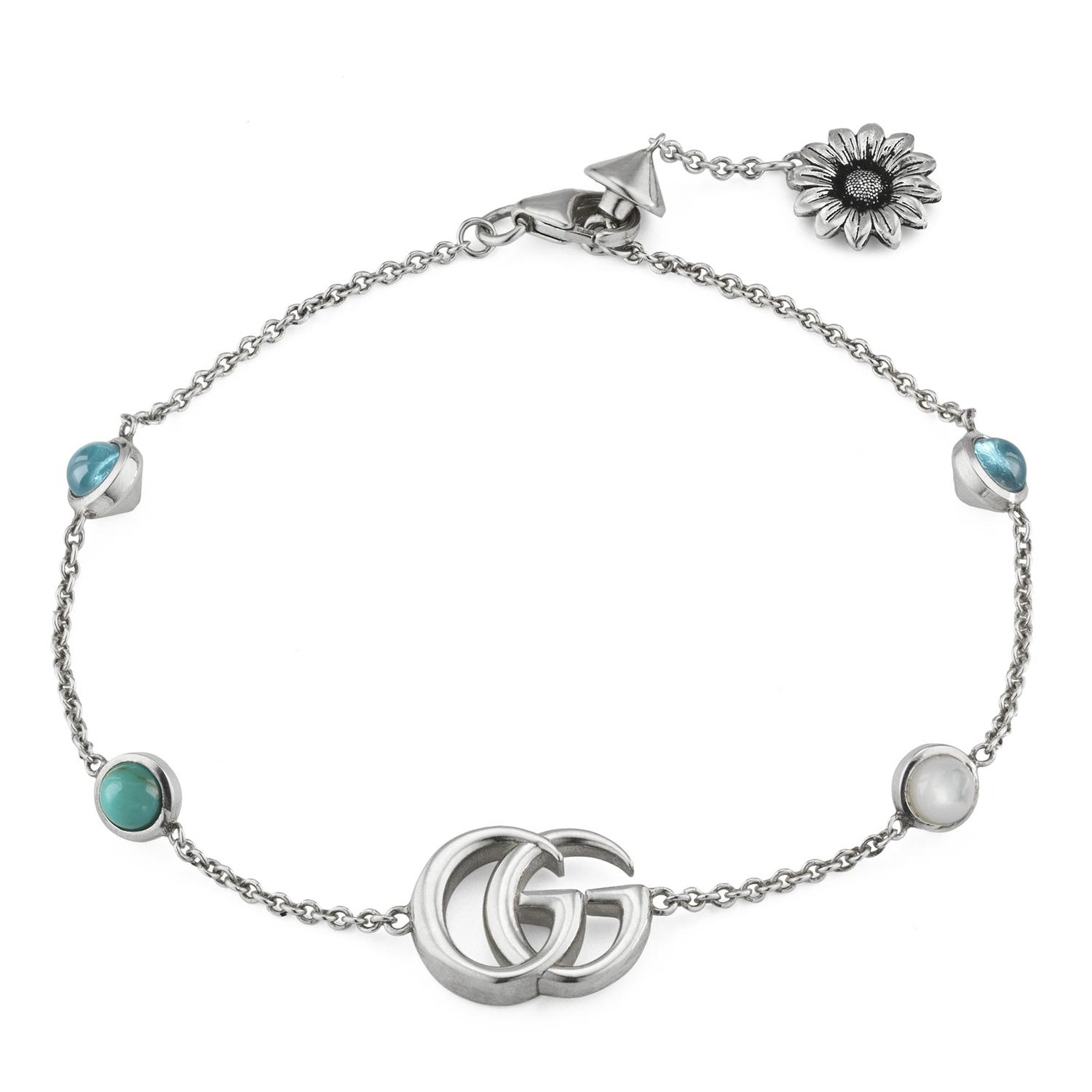 Gucci - YBA527393001 - GG Marmont Bracelet with and flower motif in shiny aged sterling silver, mother of pearl, blue topaz and turquoise resin