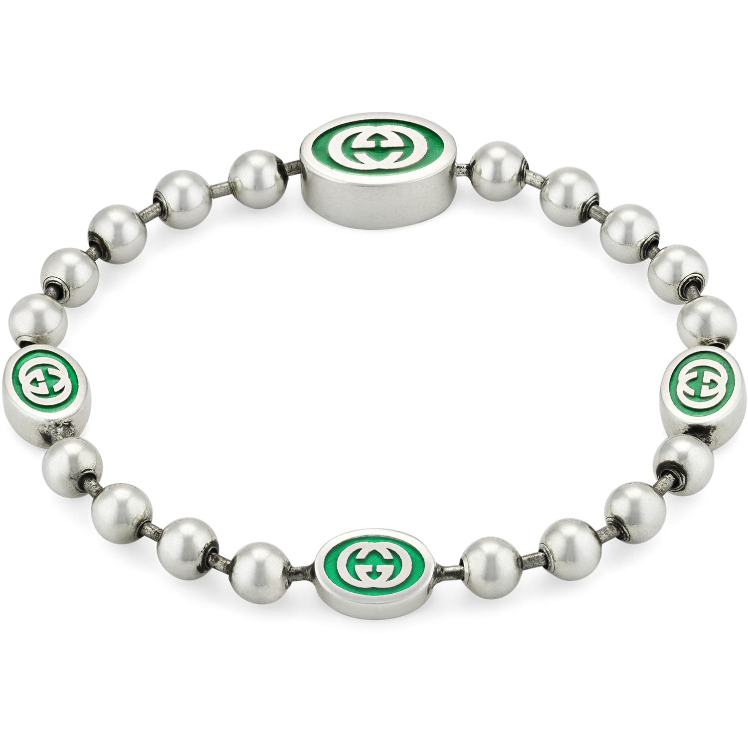 Gucci - YBA701609001 - Interlocking G Bracelet in sterling silver and green enamel with details