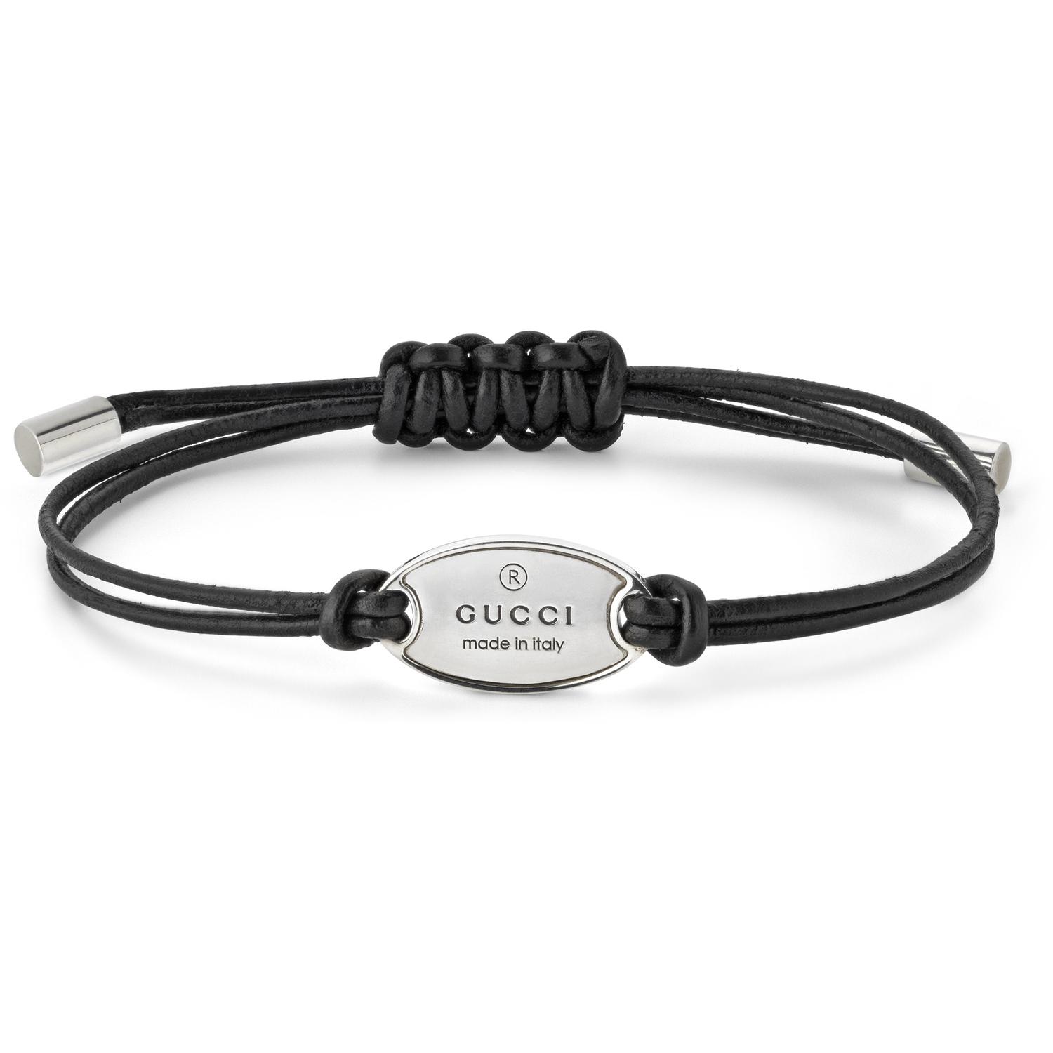 Gucci - YBA797194001 - Trademark Bracelet in sterling silver and black leather strap with oval tag
