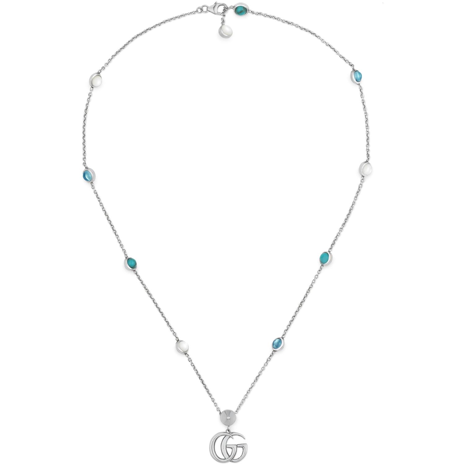 Gucci - YBB527399001 - GG Marmont Necklace with pendant in shiny aged sterling silver, mother of pearl, blue topaz and turquoise resin