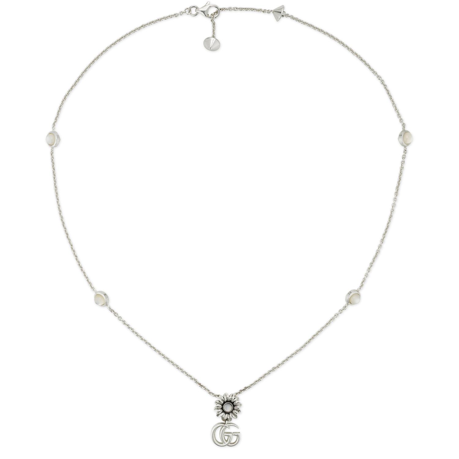 Gucci - YBB773231001 - GG Marmont Necklace in sterling silver and mother of pearl with Double G and flower pendant